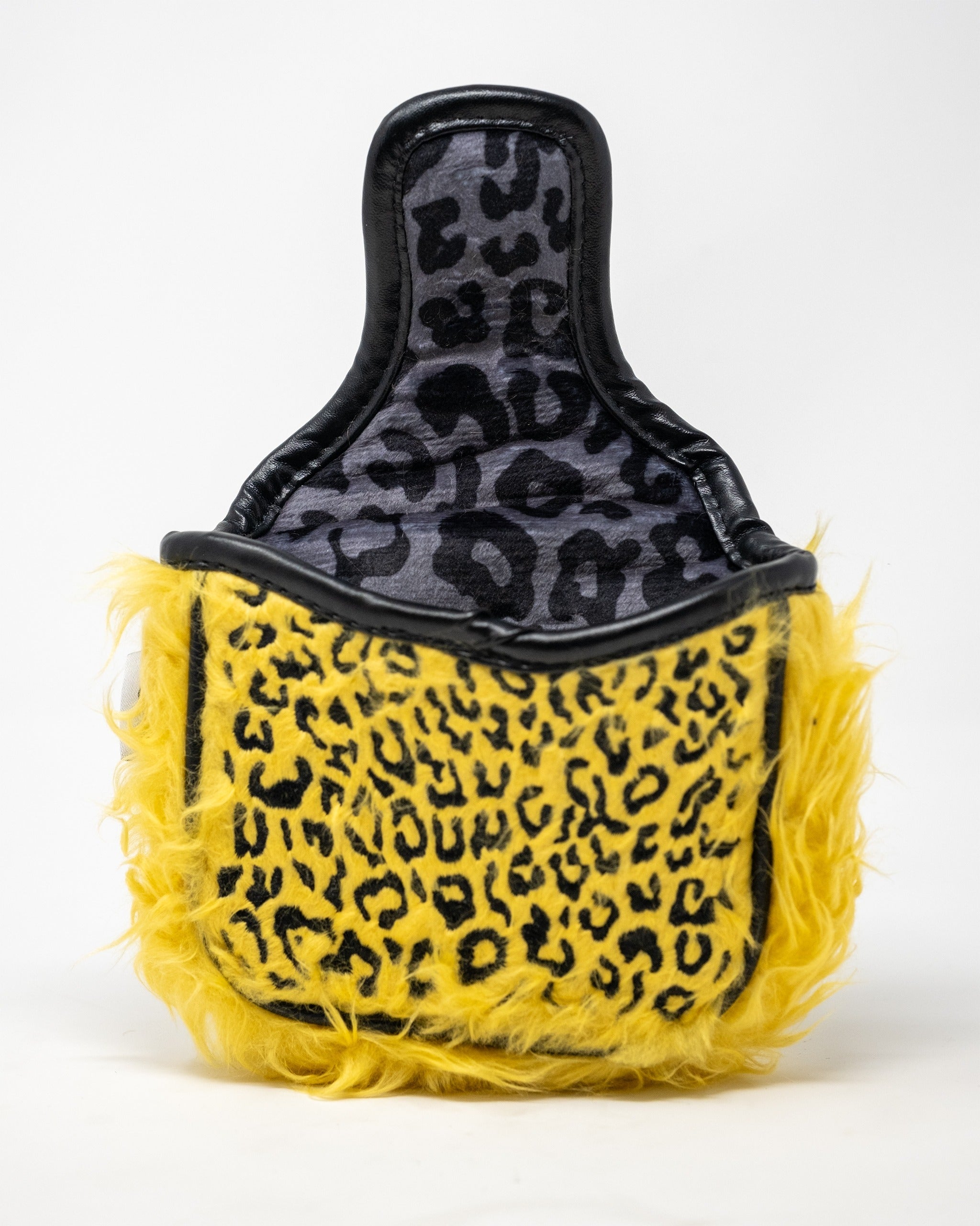Bold leopard print mallet putter cover with yellow faux fur trim and a sleek black interior, perfect for stylish golfers.