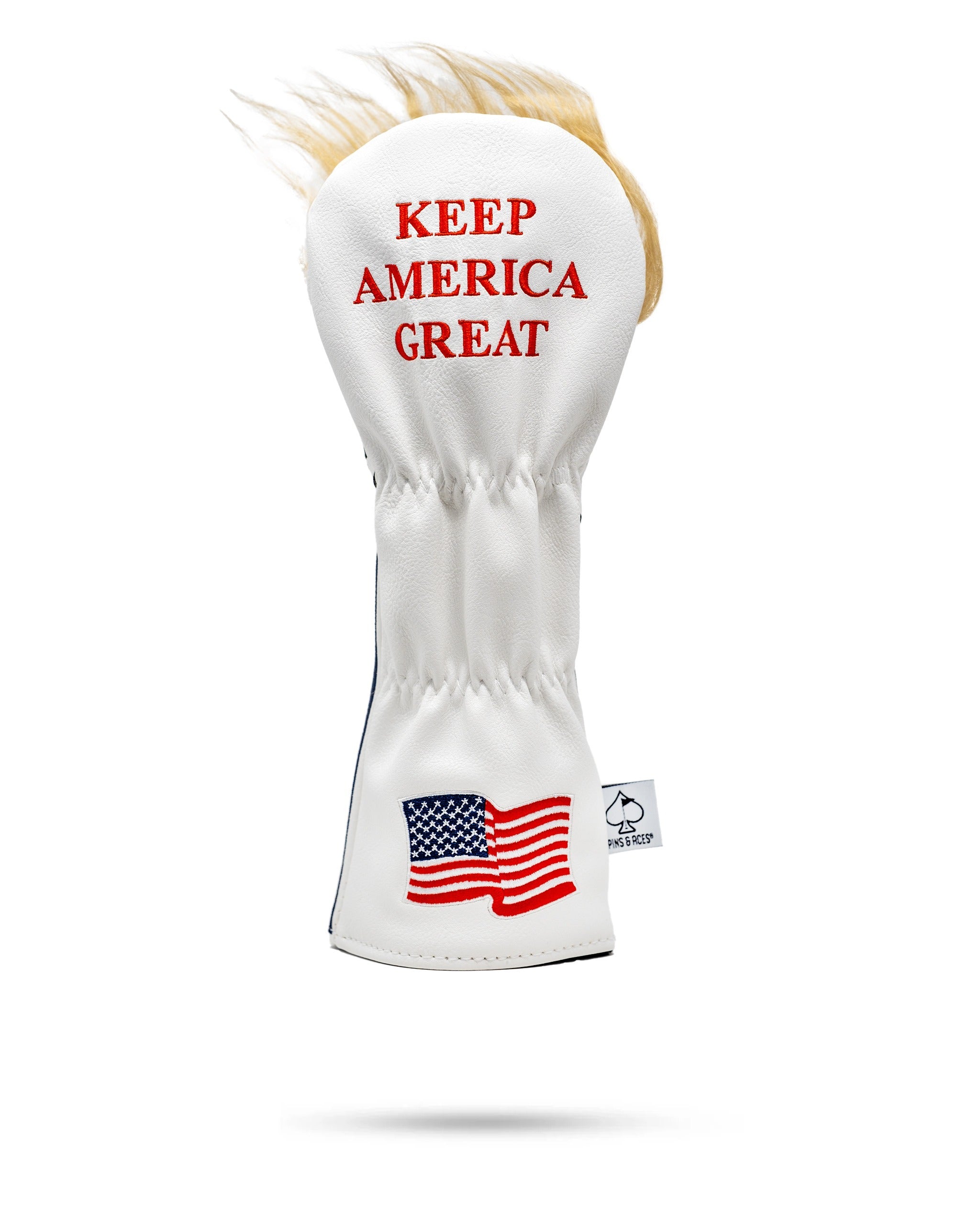 White golf fairway cover featuring "Keep America Great" text and an American flag design.
