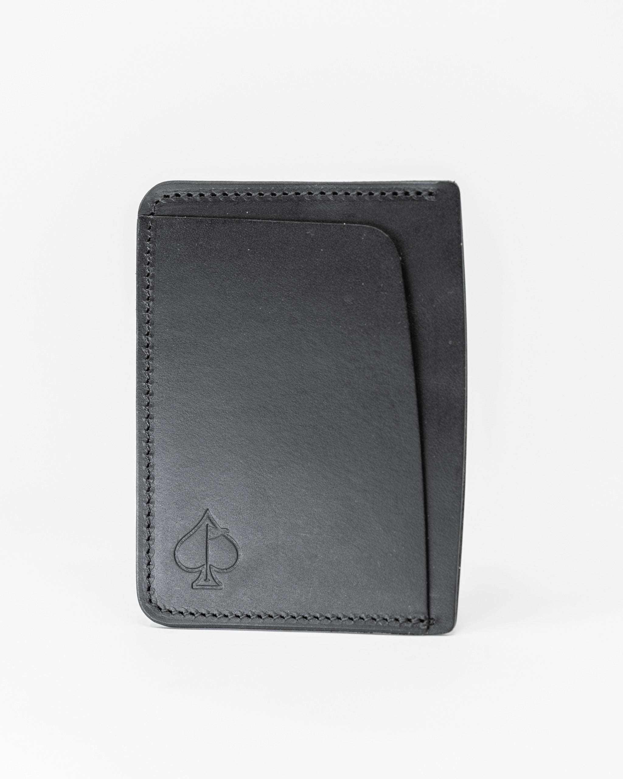 Sleek black Italian leather wallet featuring a minimalist design and embossed spade logo, perfect for stylish organization.