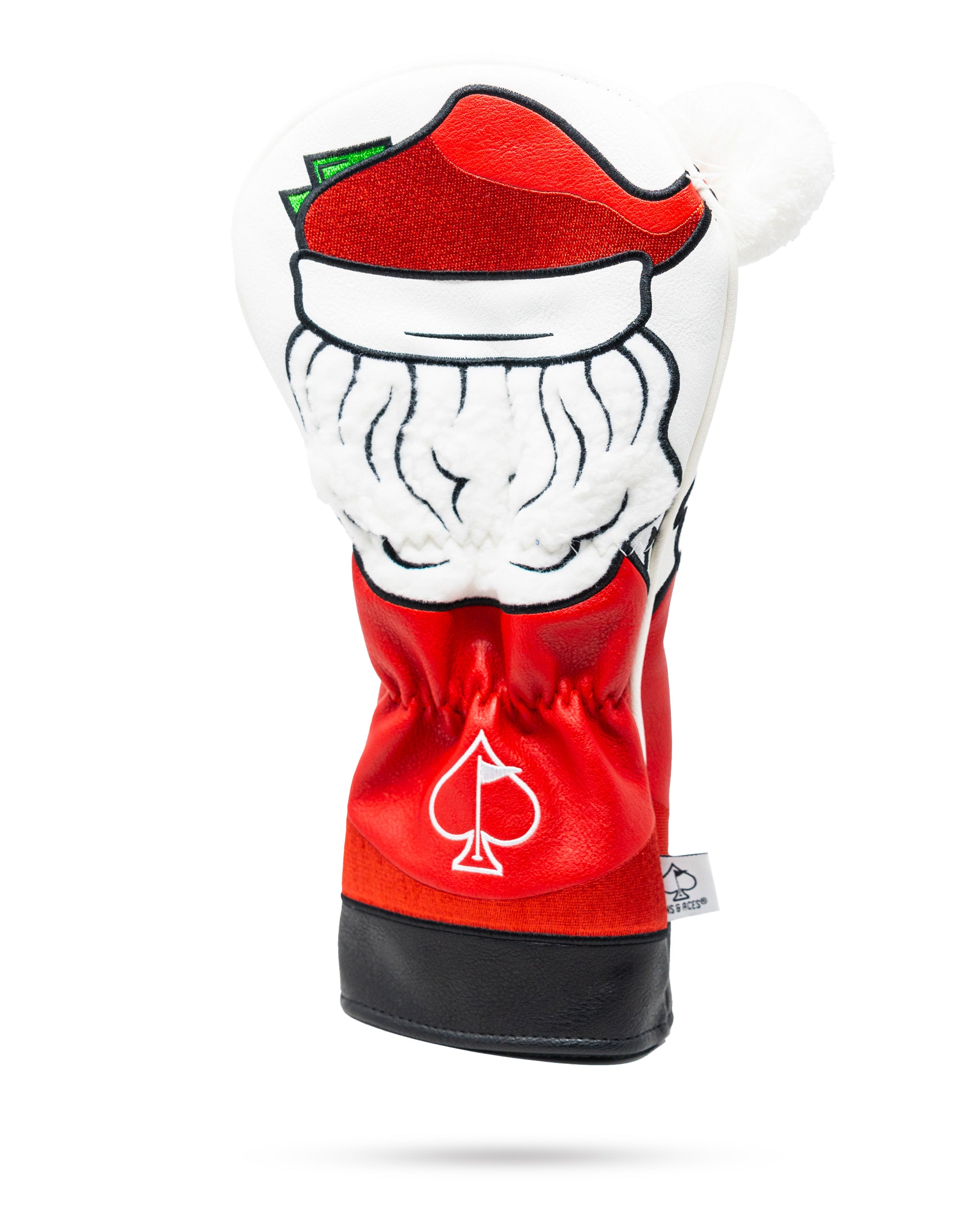Bold Santa-themed driver cover featuring a playful design with a white beard, red suit, and pom-pom hat for golfers.