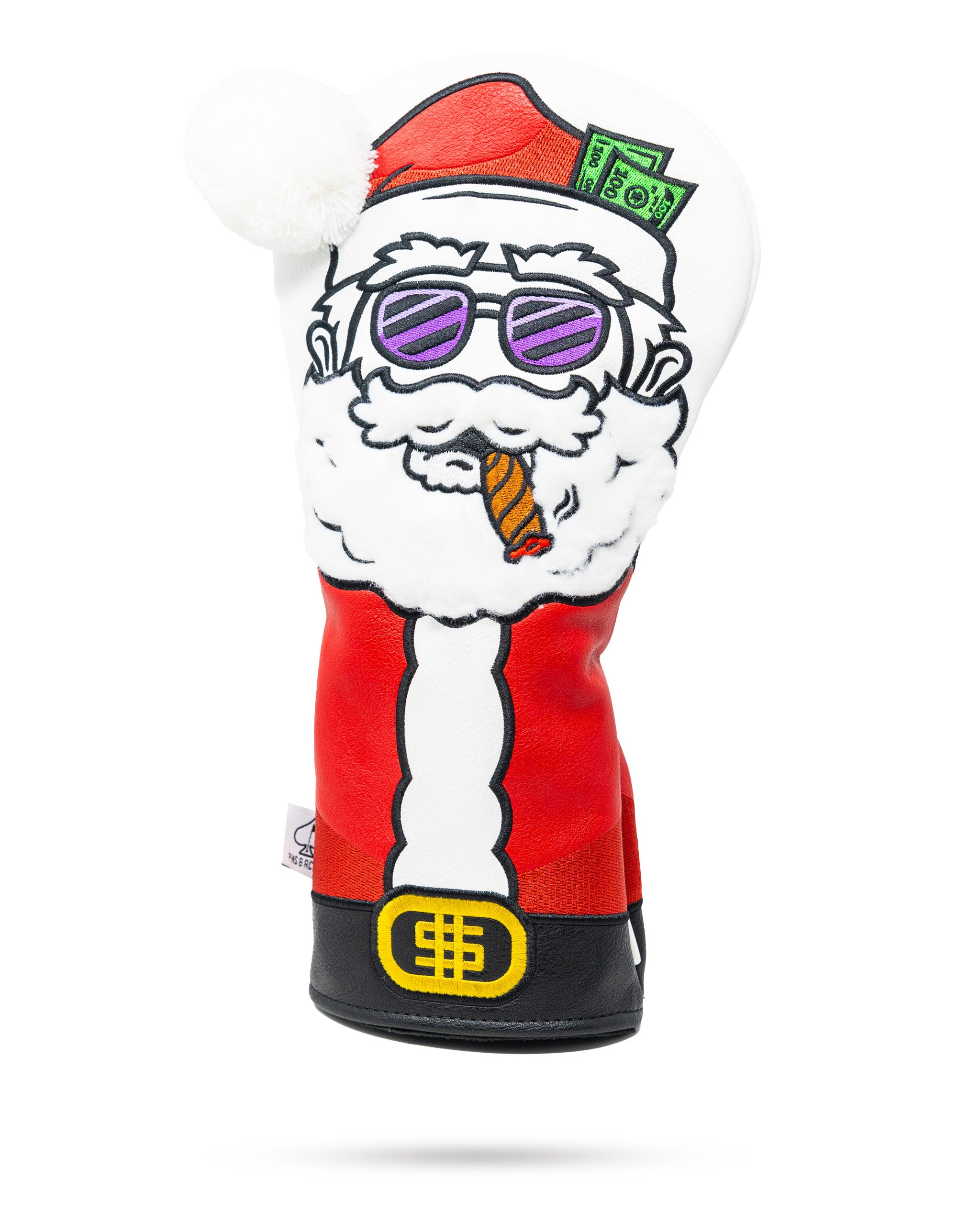 Bold Santa-themed driver cover featuring a cartoon Santa with sunglasses, a cigar, and a playful design. Perfect for golfers.