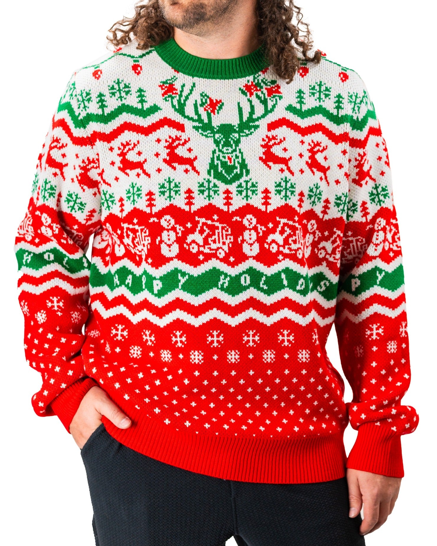 Bold red and green ugly sweater featuring festive patterns and a reindeer design, perfect for holiday golf outings.
