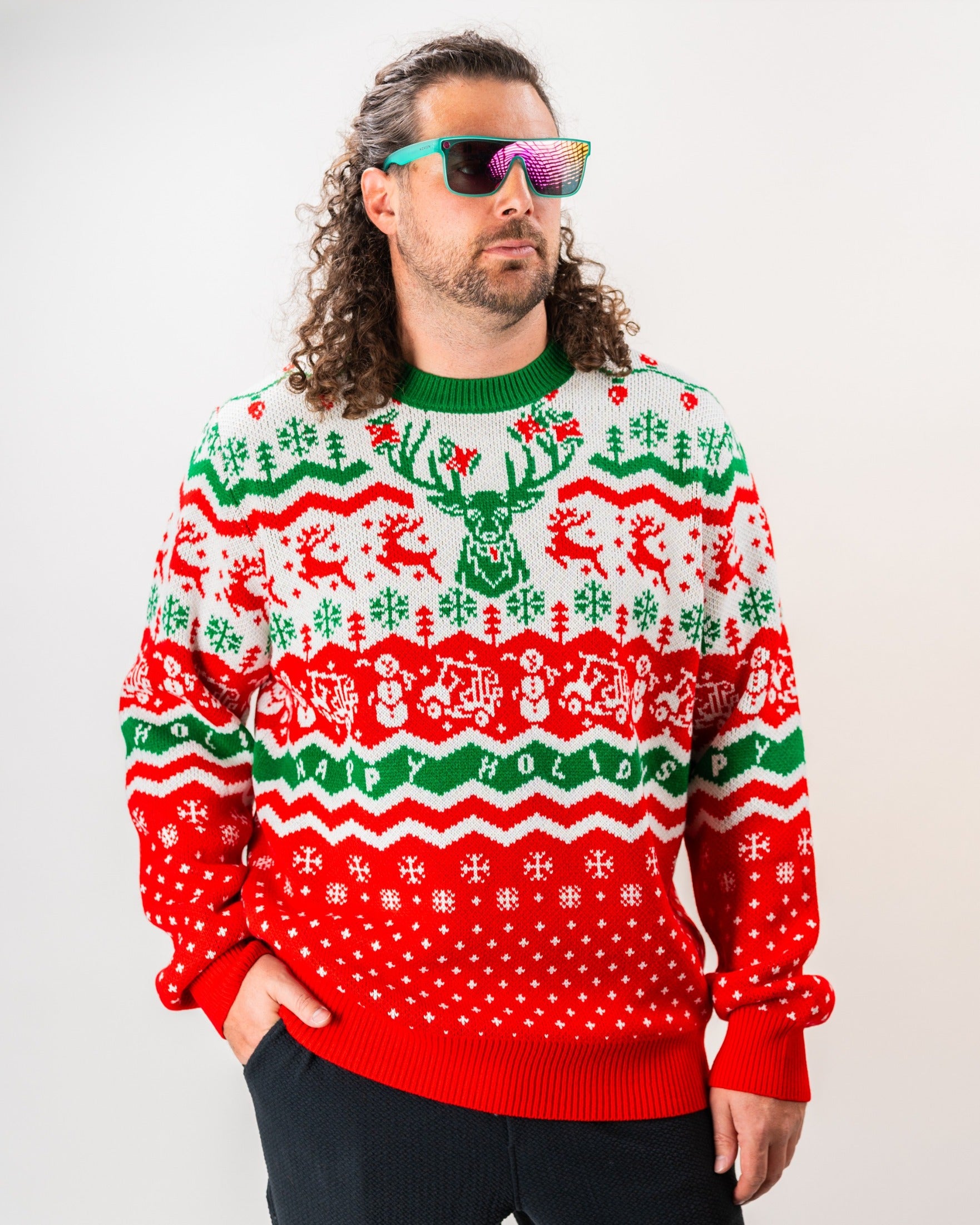 Bold and festive ugly sweater featuring holiday designs, perfect for golfers looking to stand out this season.