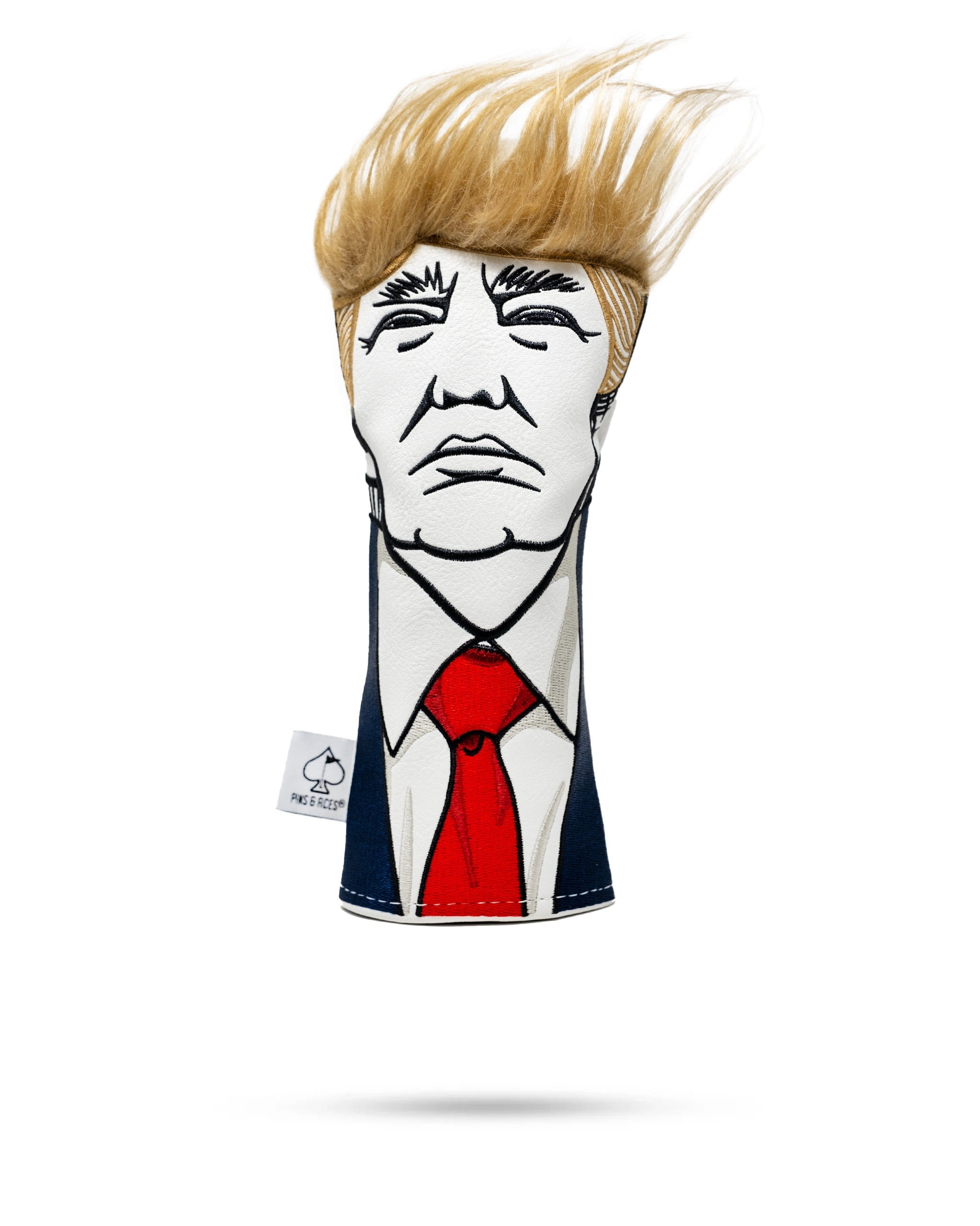 Bold golf hybrid cover featuring a caricature of a man with distinctive hair and suit, designed for standout style on the course.