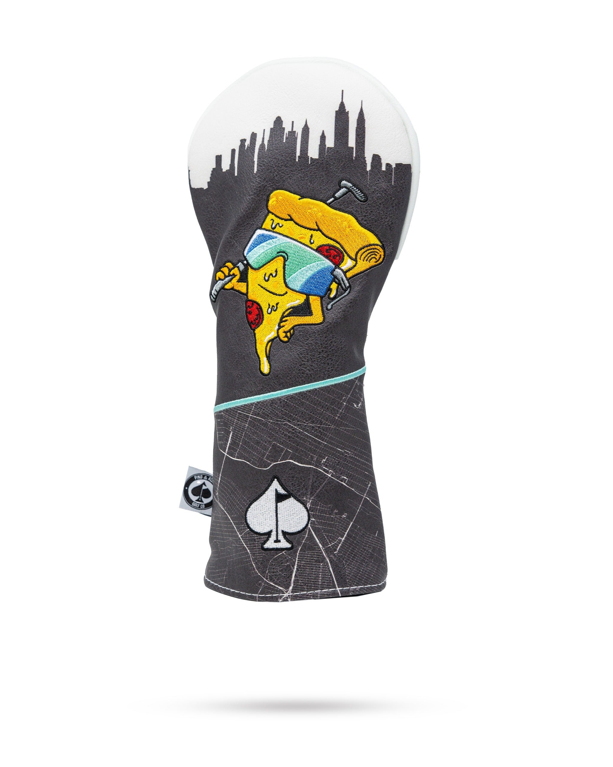 Bold fairway cover featuring a playful pizza design with a city skyline, perfect for golfers looking to stand out.
