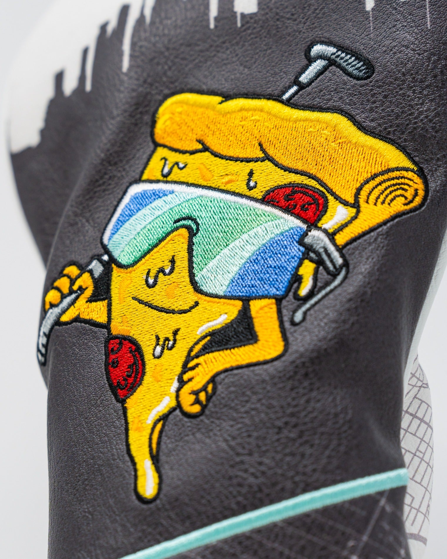 Shady Slice Fairway Cover featuring a playful pizza slice character wearing sunglasses and holding a golf club.