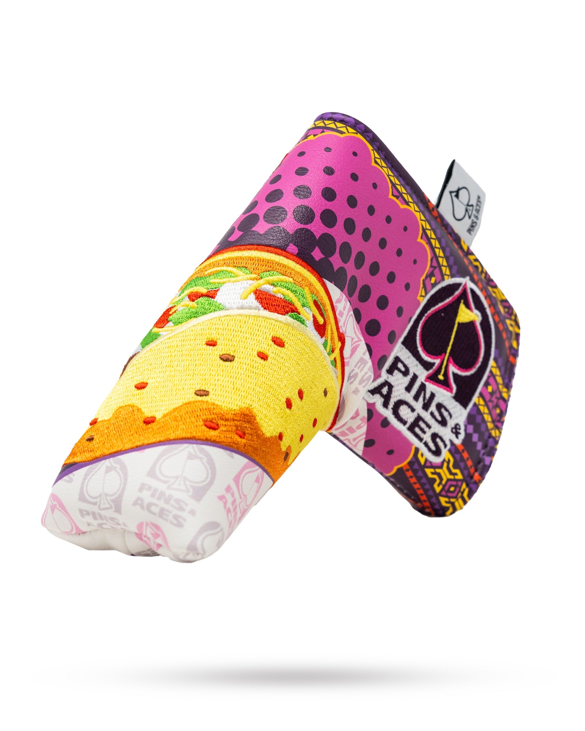 Colorful blade putter cover featuring a bold design with a taco graphic, perfect for golfers seeking unique style on the course.