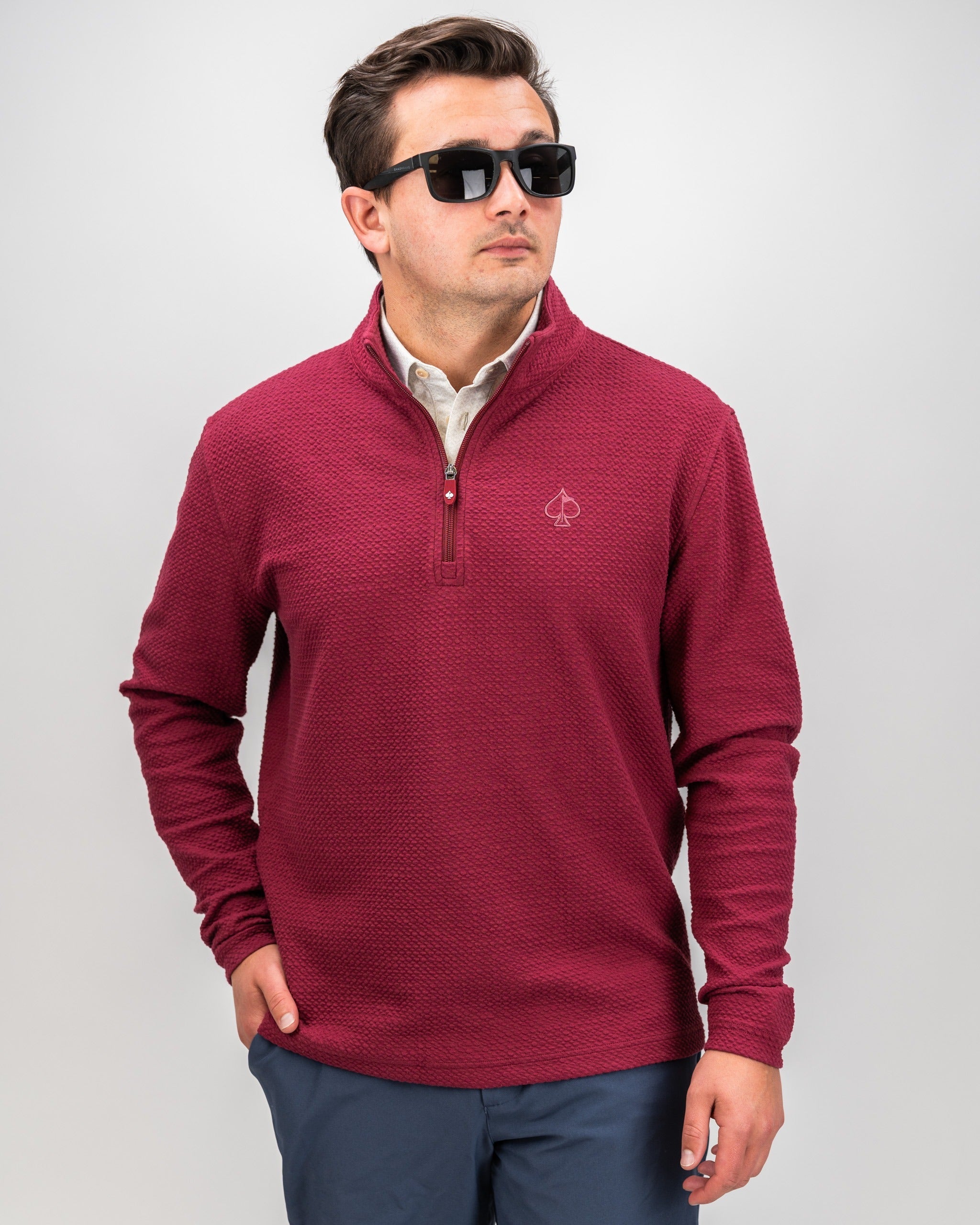 Men's Merlot Player Preferred Waffle Knit Pullover featuring a quarter-zip design and logo, perfect for stylish golf outings.