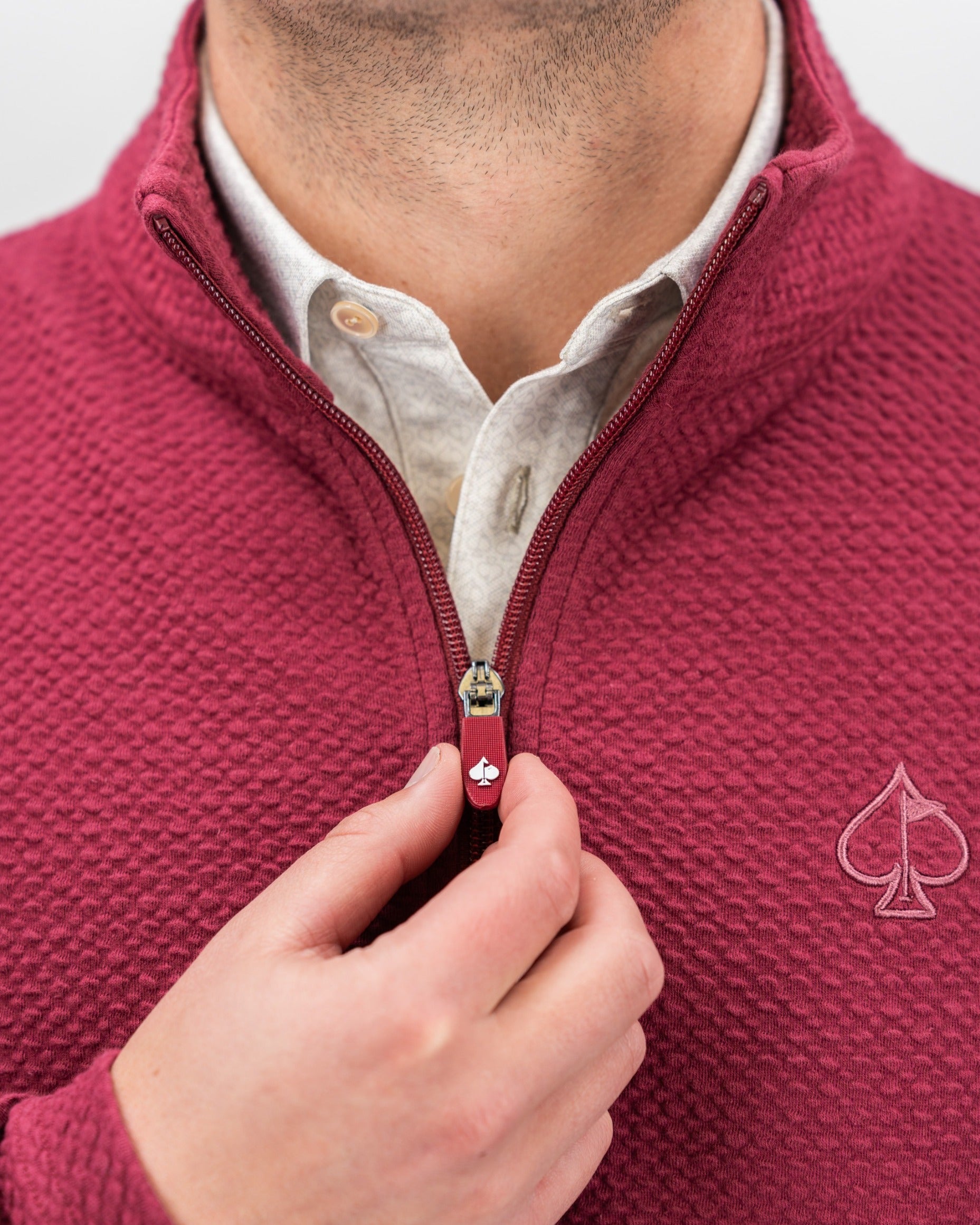Men's Player Preferred Waffle Knit Pullover in Merlot, featuring a half-zip design and stylish logo detail.