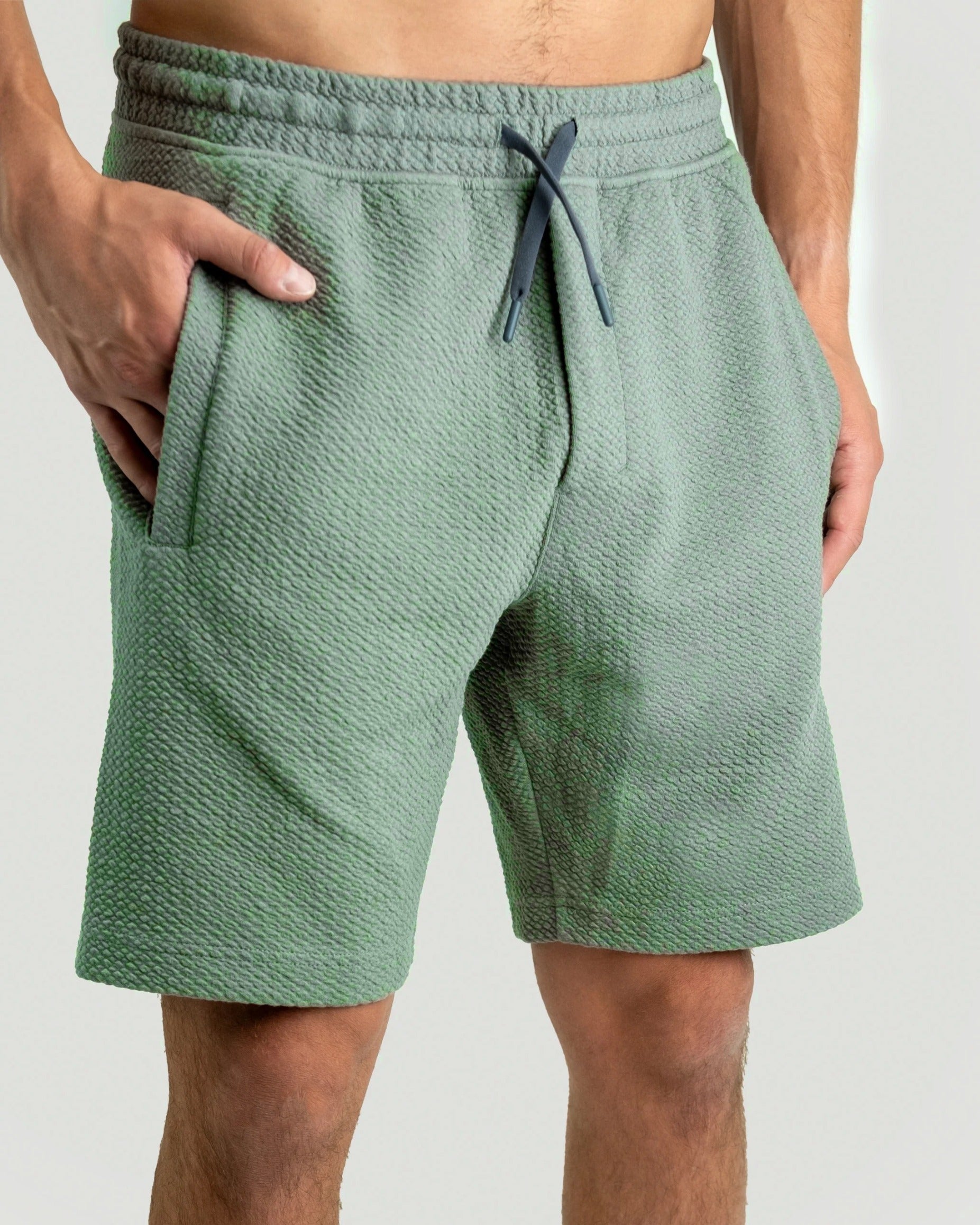 Men's blue gray Player Preferred waffle knit shorts featuring a textured design and elastic waistband with drawstring.