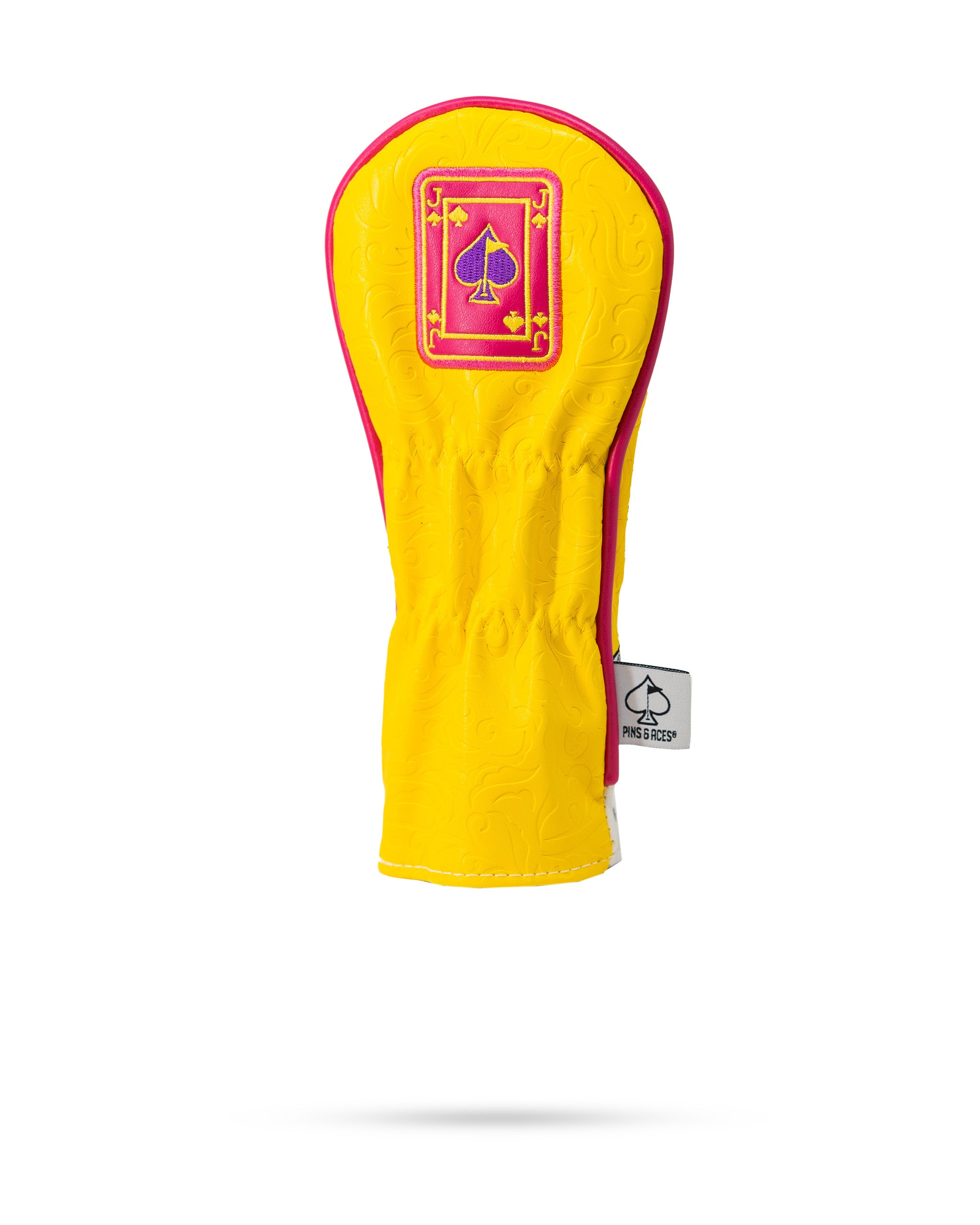Bright yellow hybrid golf headcover featuring a pink lemonade design and Jack of Spades card motif for a bold look.