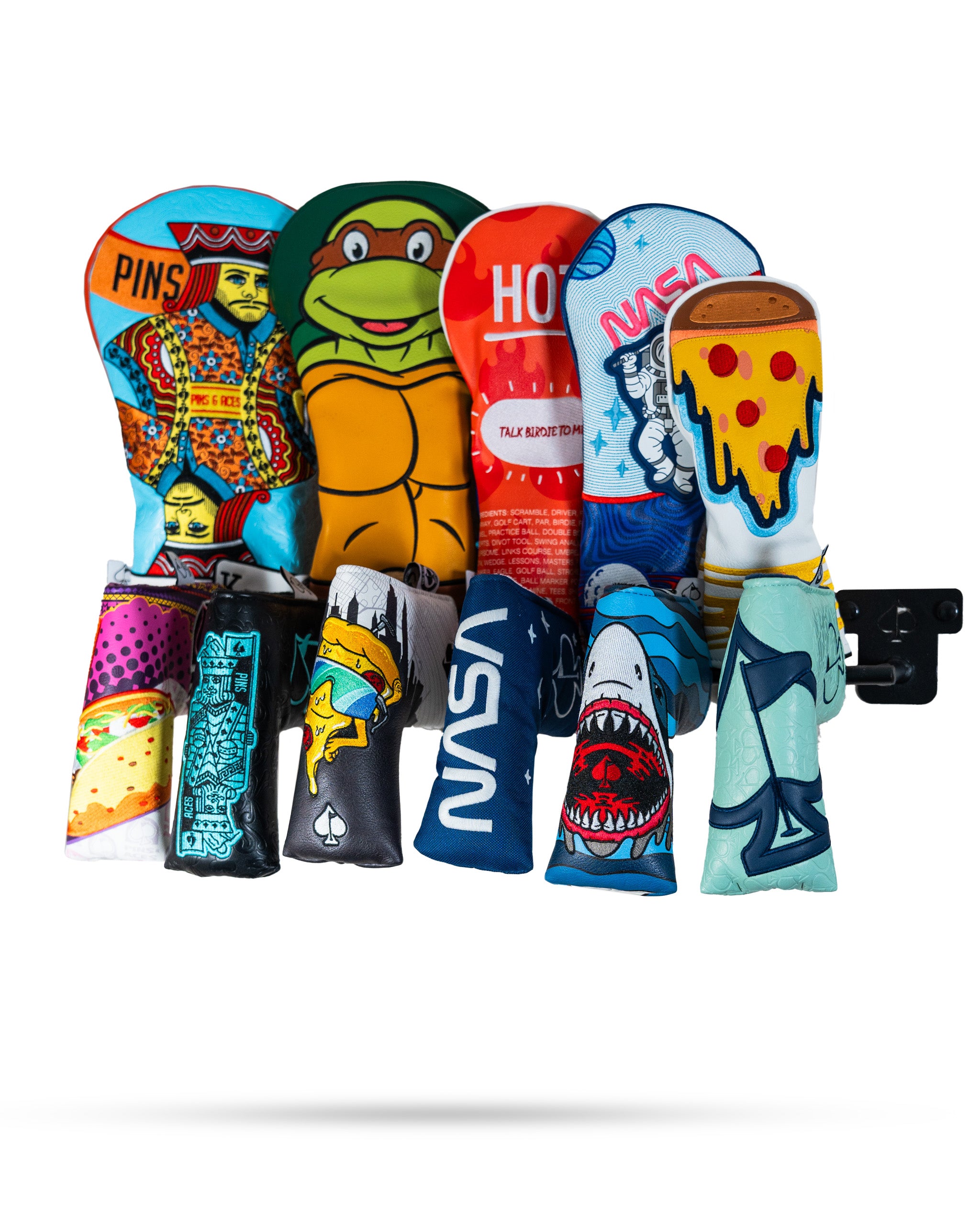 Compact headcover rack displaying a variety of colorful and unique golf headcovers, perfect for organizing and showcasing.