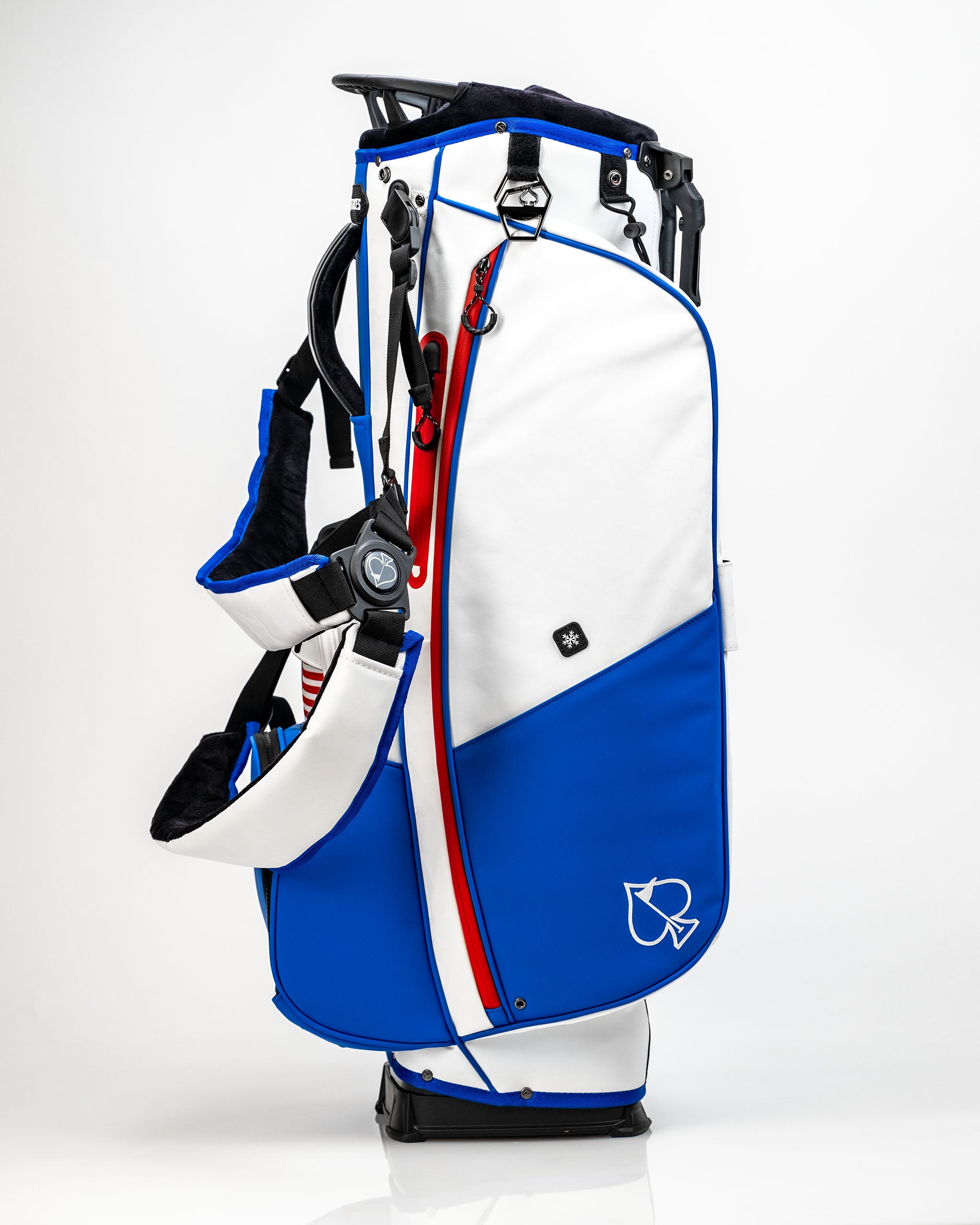 Stylish Player Preferred Golf Bag in blue and white with red accents, featuring multiple pockets and a comfortable strap.
