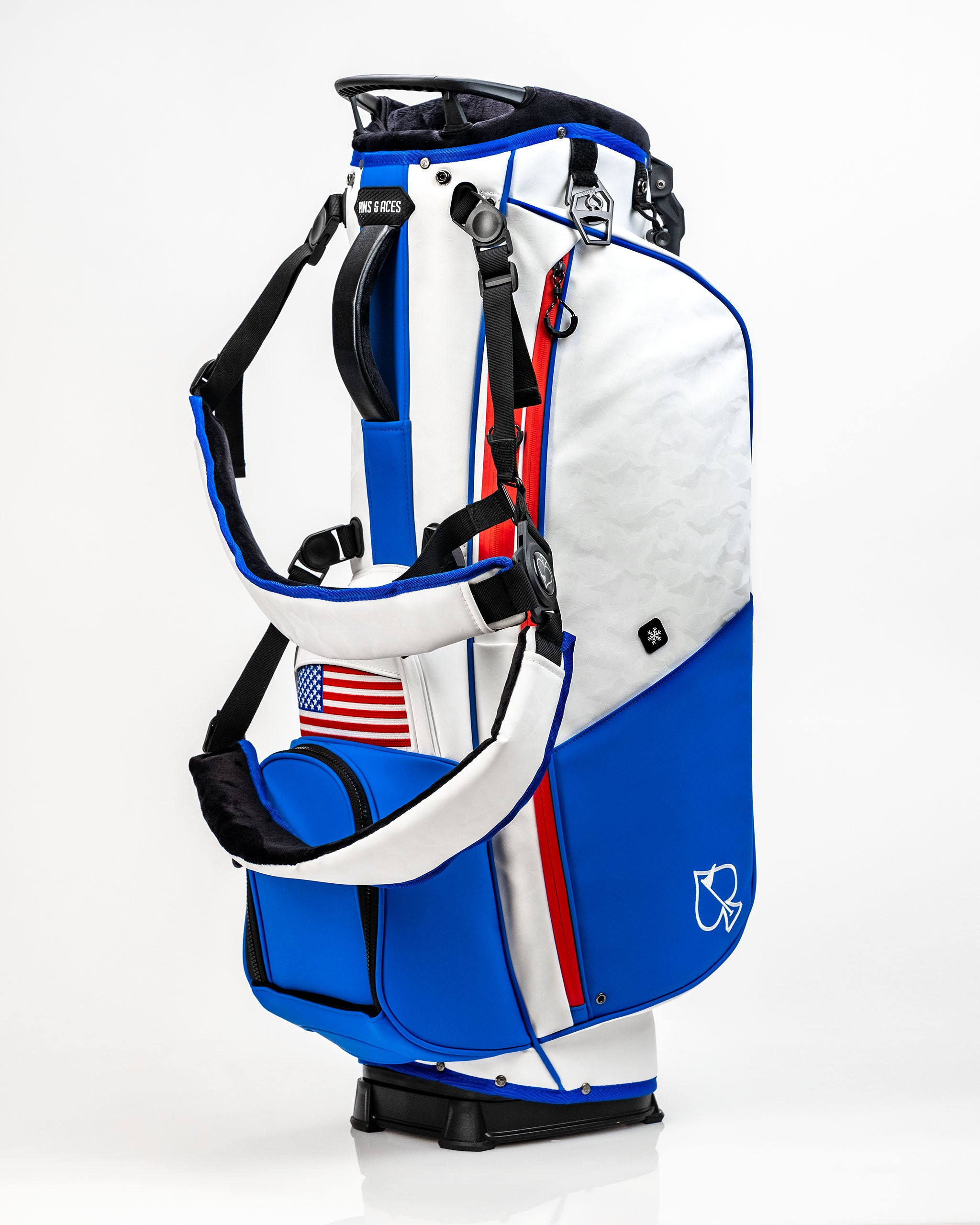 Bold blue and white Player Preferred™ Golf Bag featuring an American flag design, ideal for stylish golfers.
