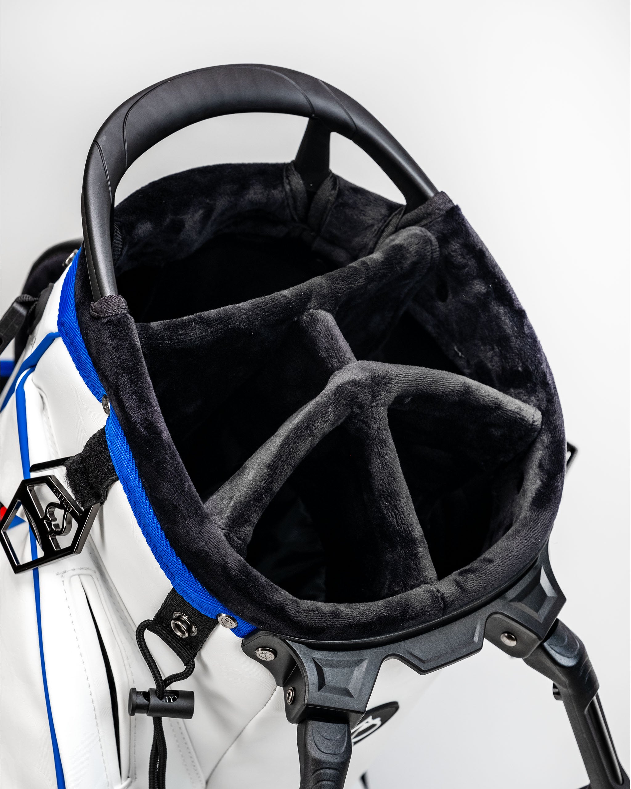 Top view of the Player Preferred Golf Bag featuring a plush, divided interior for organized club storage.
