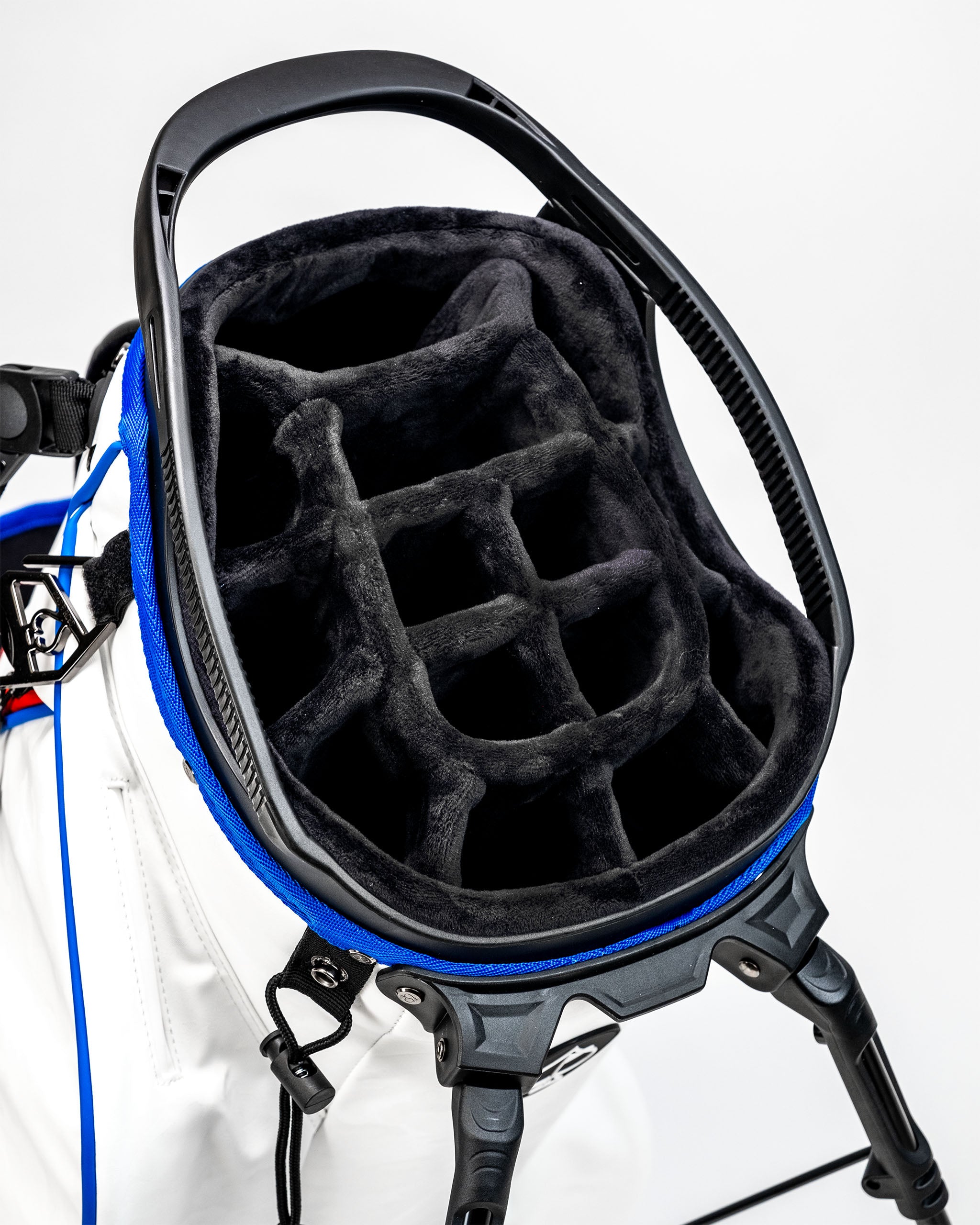 Top view of the Player Preferred Golf Bag featuring a plush, divided club compartment for organized storage.
