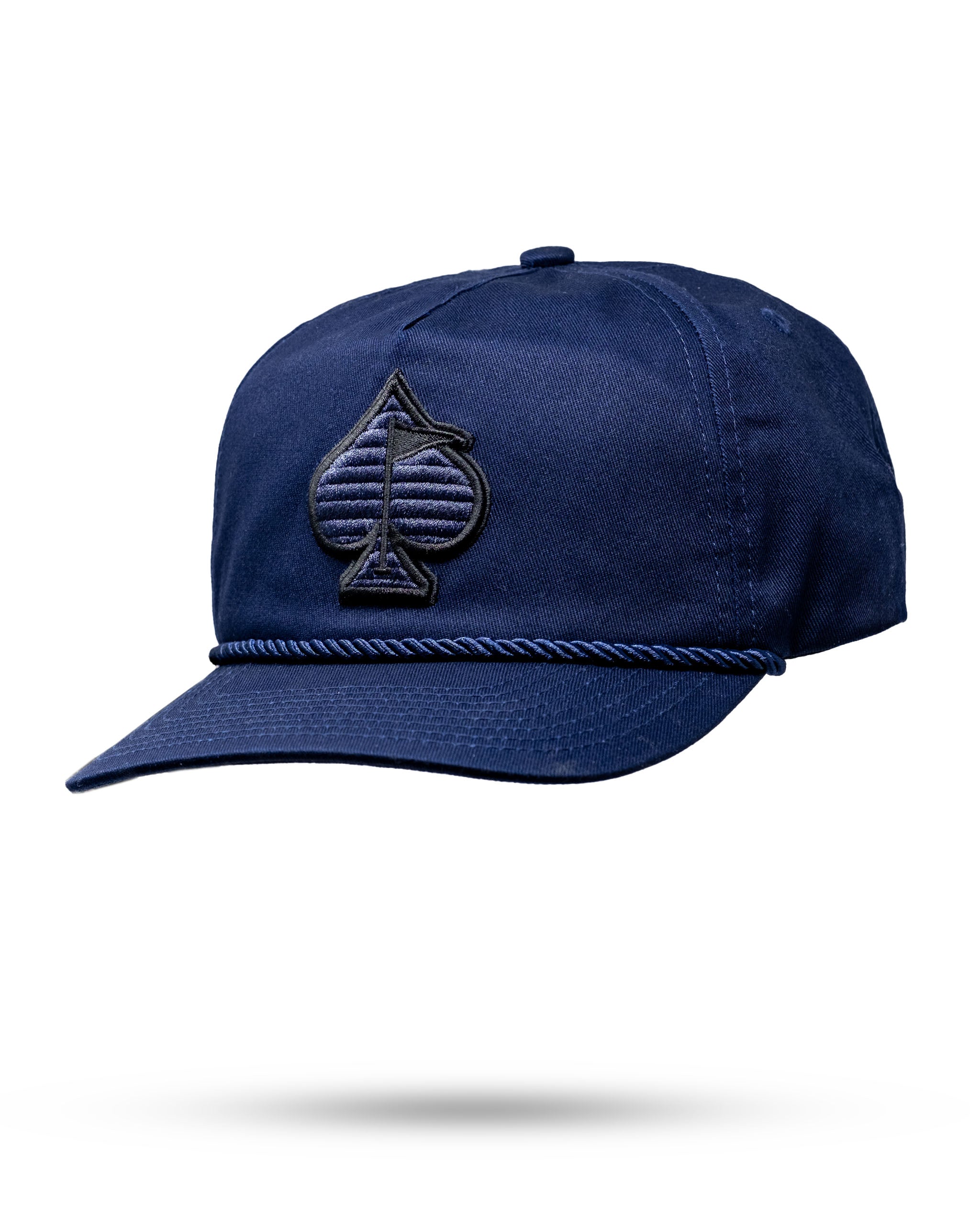 Navy Heritage Rope Hat featuring a stylish spade logo and a decorative rope detail along the brim.