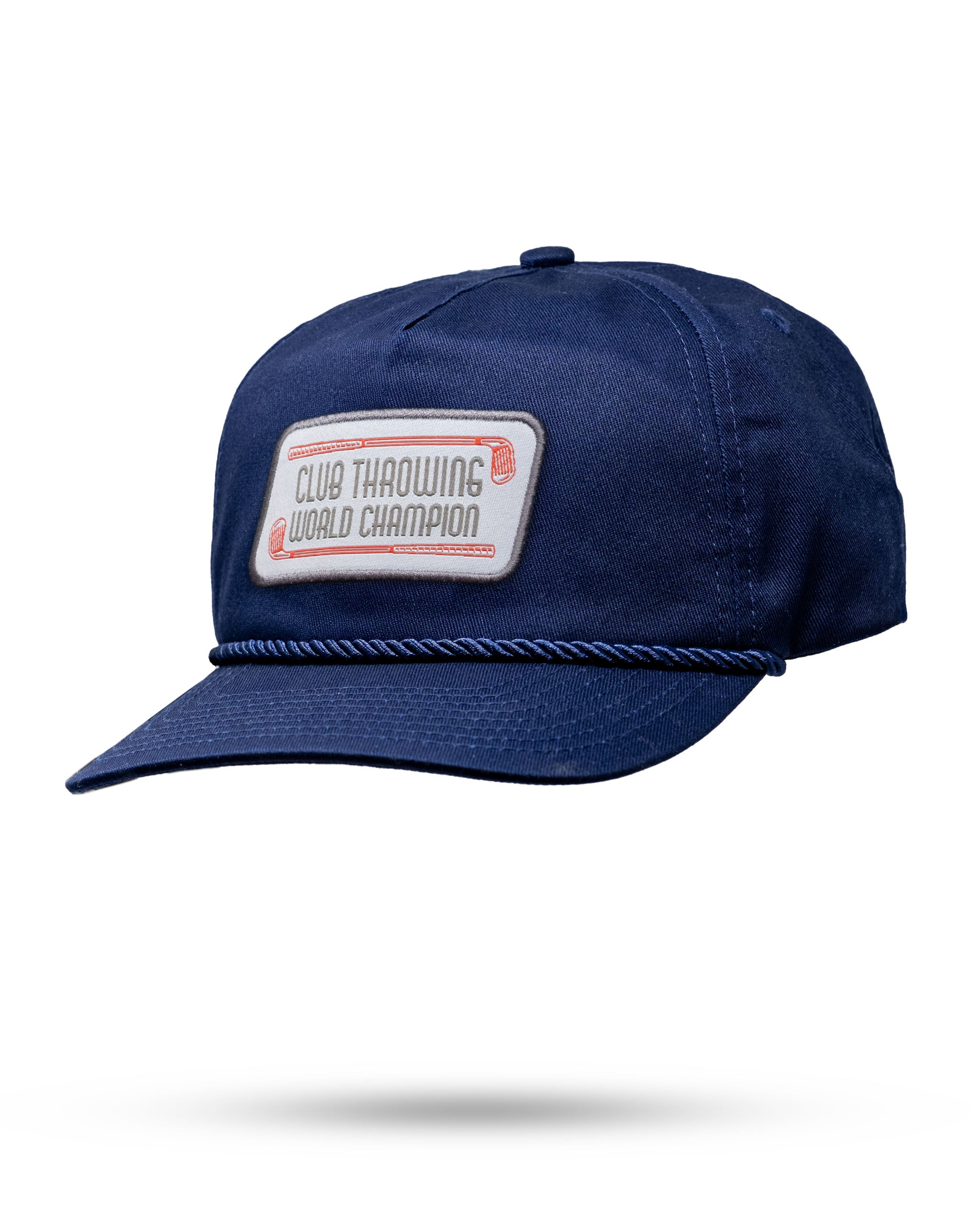 Navy Heritage Rope Hat featuring a retro patch that reads "Club Throwing World Champion" for bold golf style.