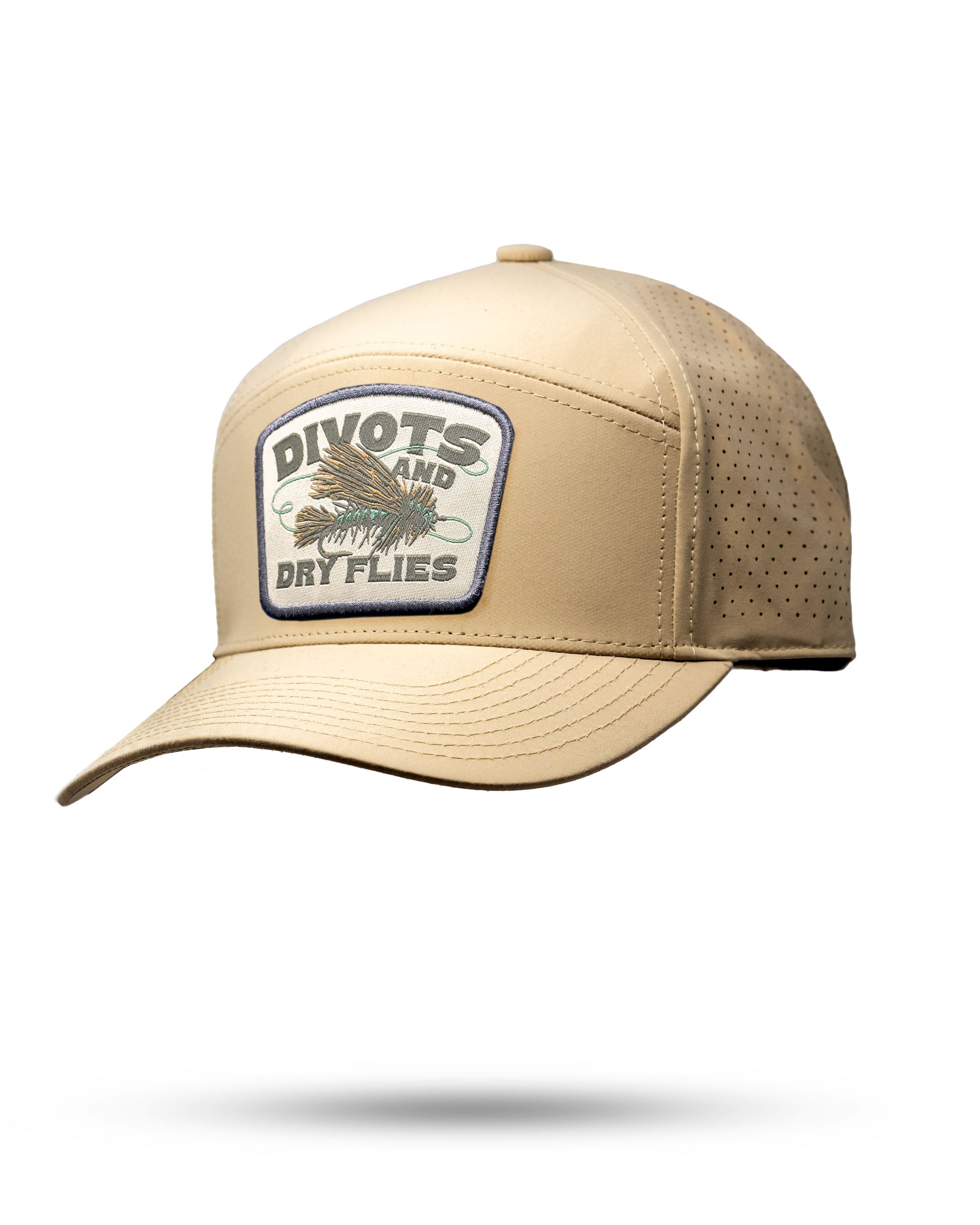 Tradesman hat in sand color featuring a "Divots and Dry Flies" patch, designed for stylish golfers and outdoor enthusiasts.