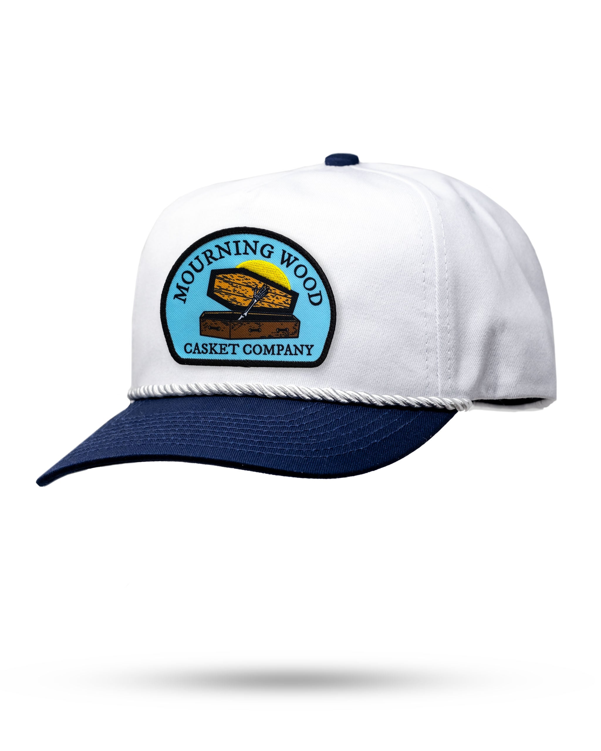 Heritage Rope Hat in white and navy with Mourning Wood Casket Company patch, perfect for stylish golfers.