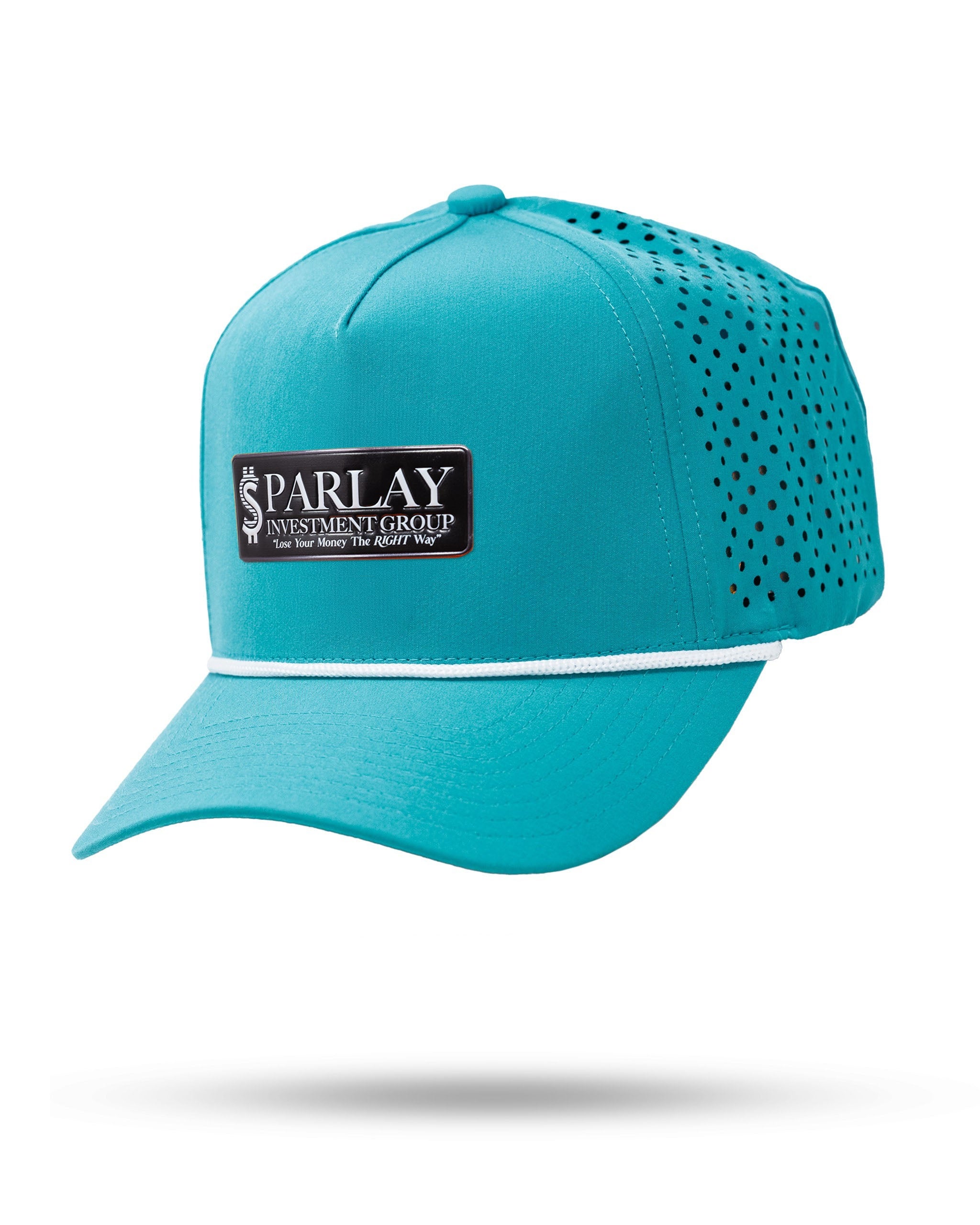 Baby blue perforated rope hat featuring a bold Parlay Investment Group logo, ideal for stylish golfers on the course.