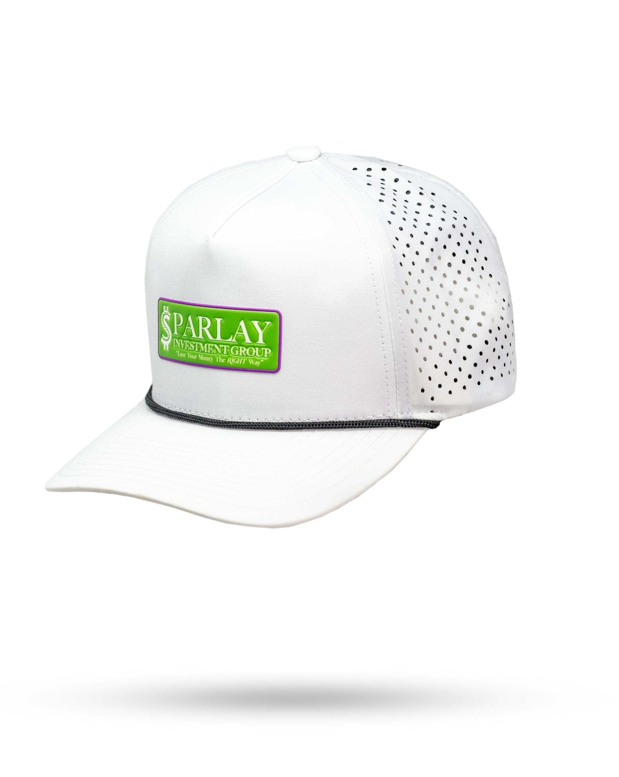 White perforated rope hat featuring the Parlay Investment Group logo, designed for stylish golfers seeking standout accessories.