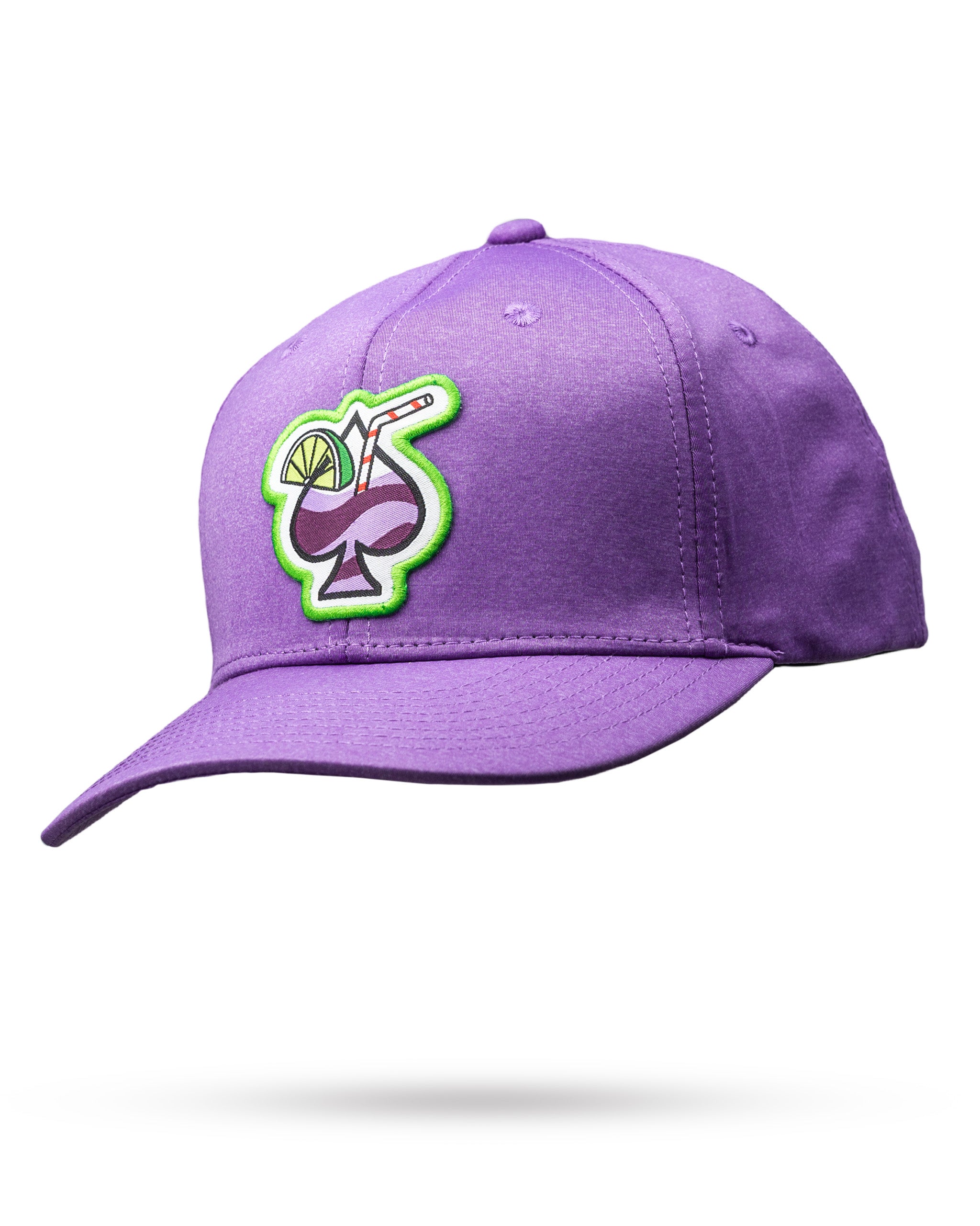 Lavender performance hat featuring a colorful cocktail graphic, perfect for golfers seeking a stylish accessory.