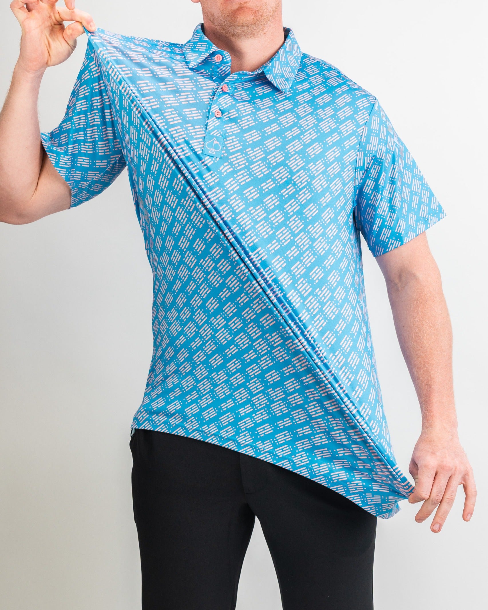 Men's Skyline Dash Blue golf polo featuring a vibrant blue pattern, designed for comfort and style on the course.