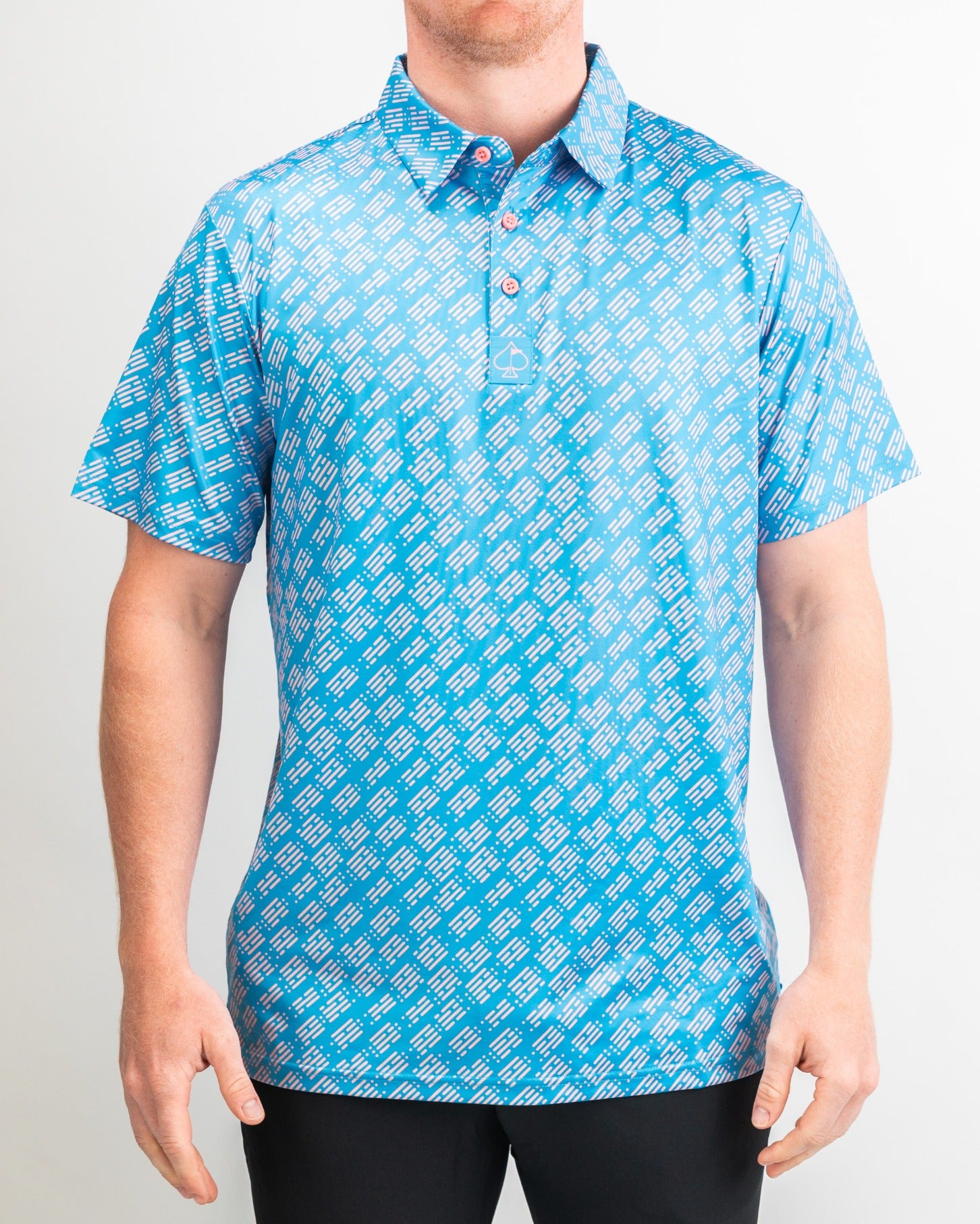 Men's Skyline Dash Blue golf polo featuring a bold geometric pattern in vibrant blue tones, designed for stylish performance on the course.