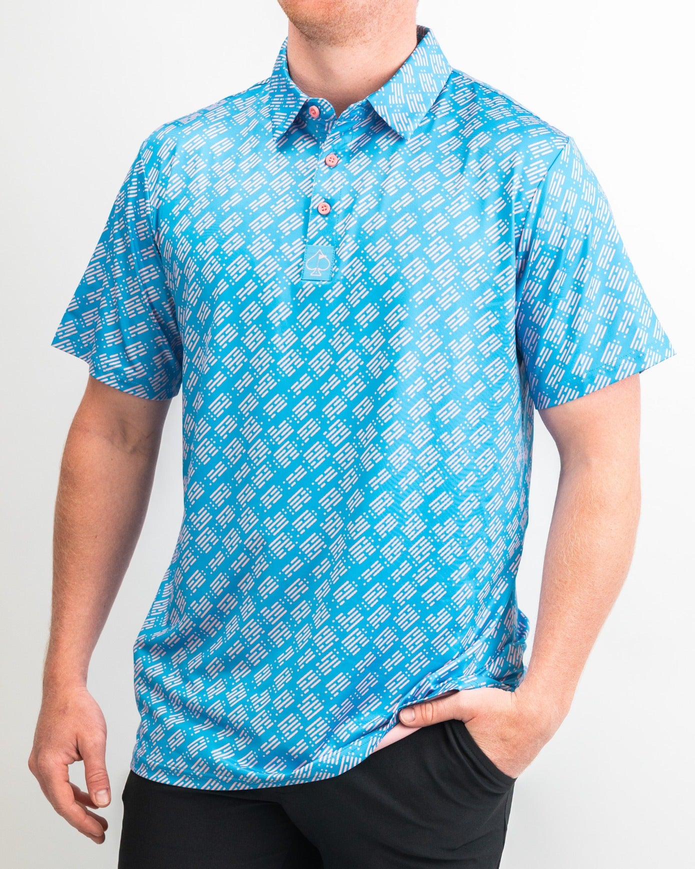 Men's Skyline Dash Blue golf shirt featuring a vibrant blue pattern and a modern collar design for stylish performance on the course.