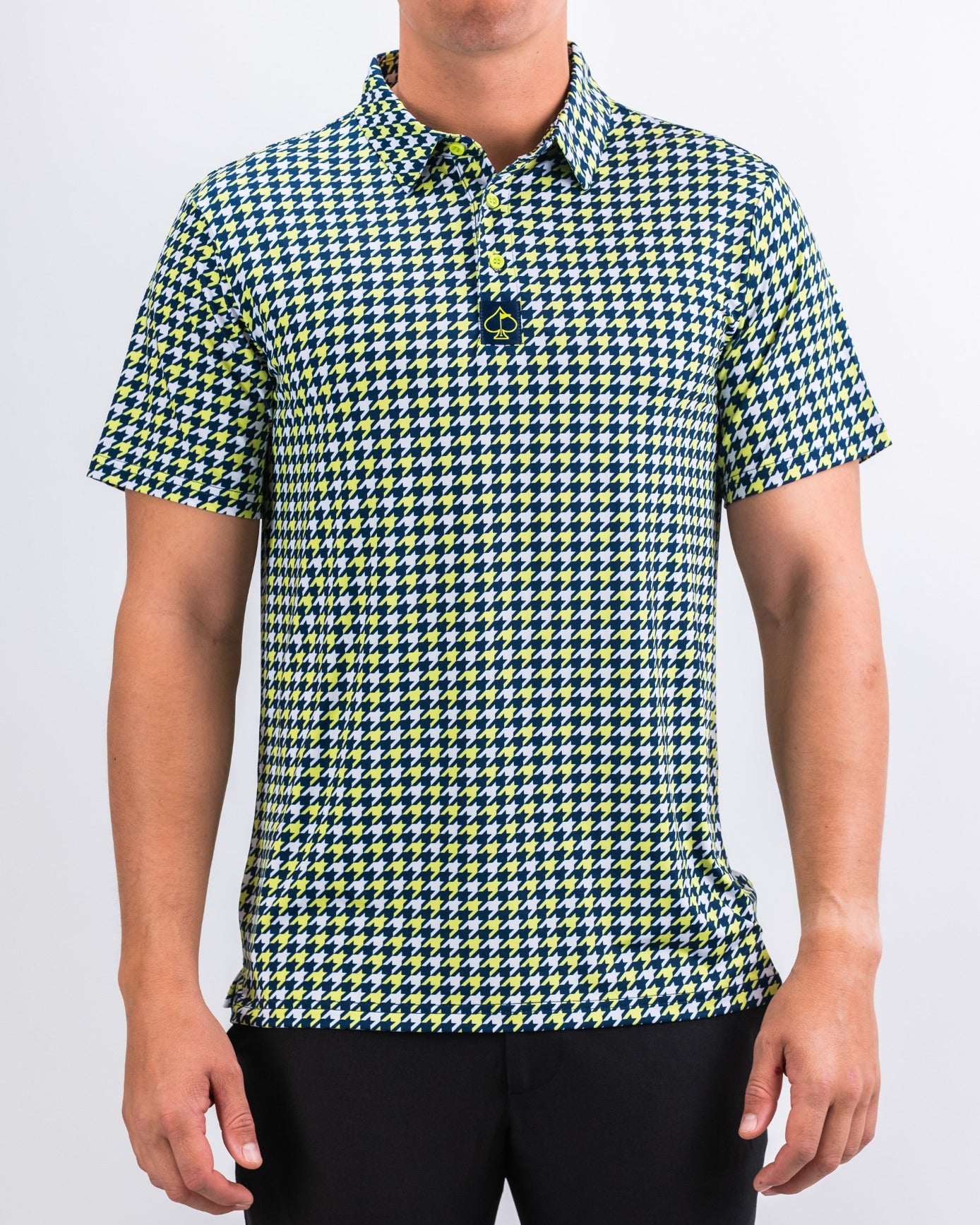 Bold lime houndstooth golf polo shirt featuring a modern design, perfect for golfers wanting to stand out on the course.