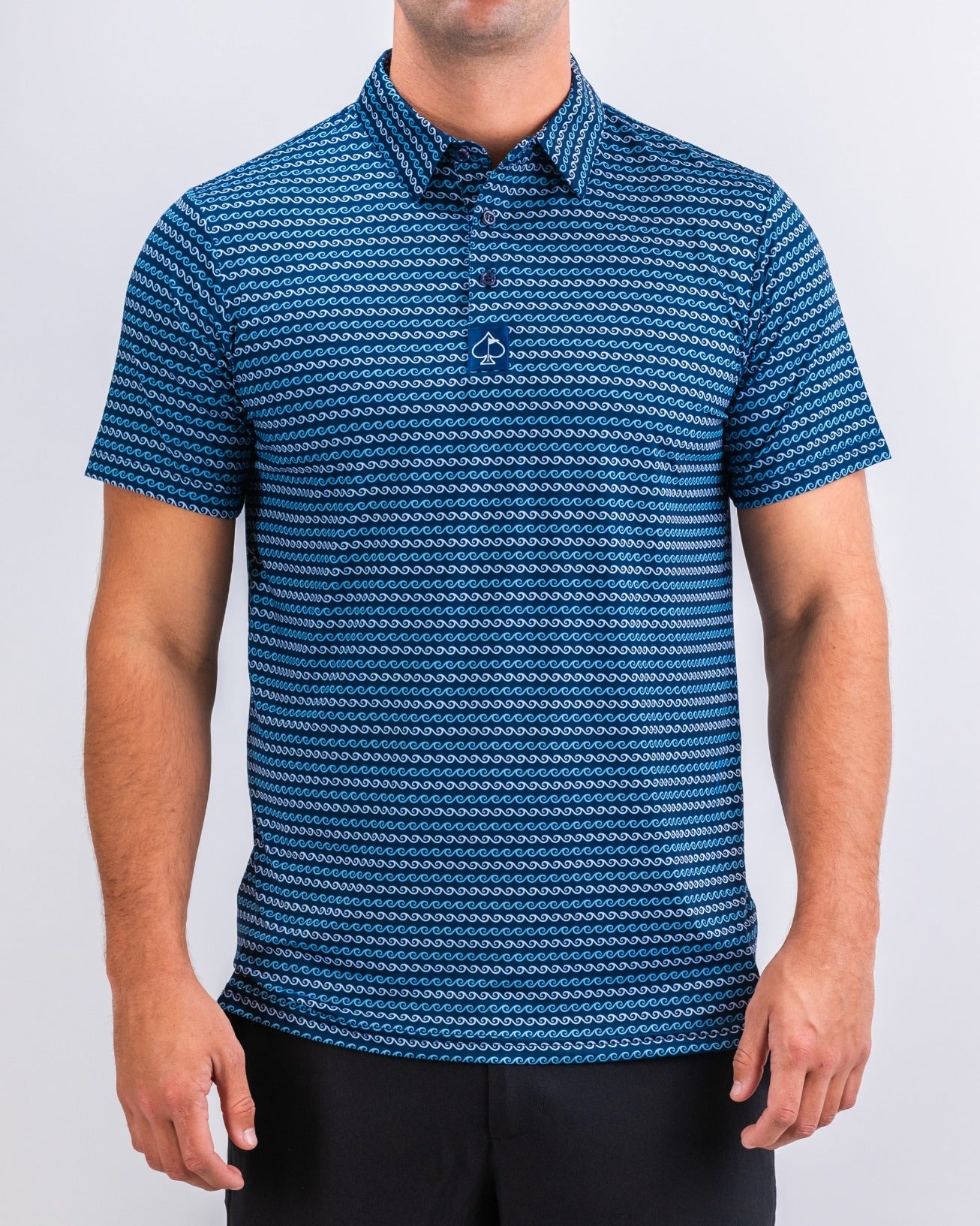Men's short-sleeve polo shirt featuring a blue wave pattern, designed for golfers seeking bold style on the course.