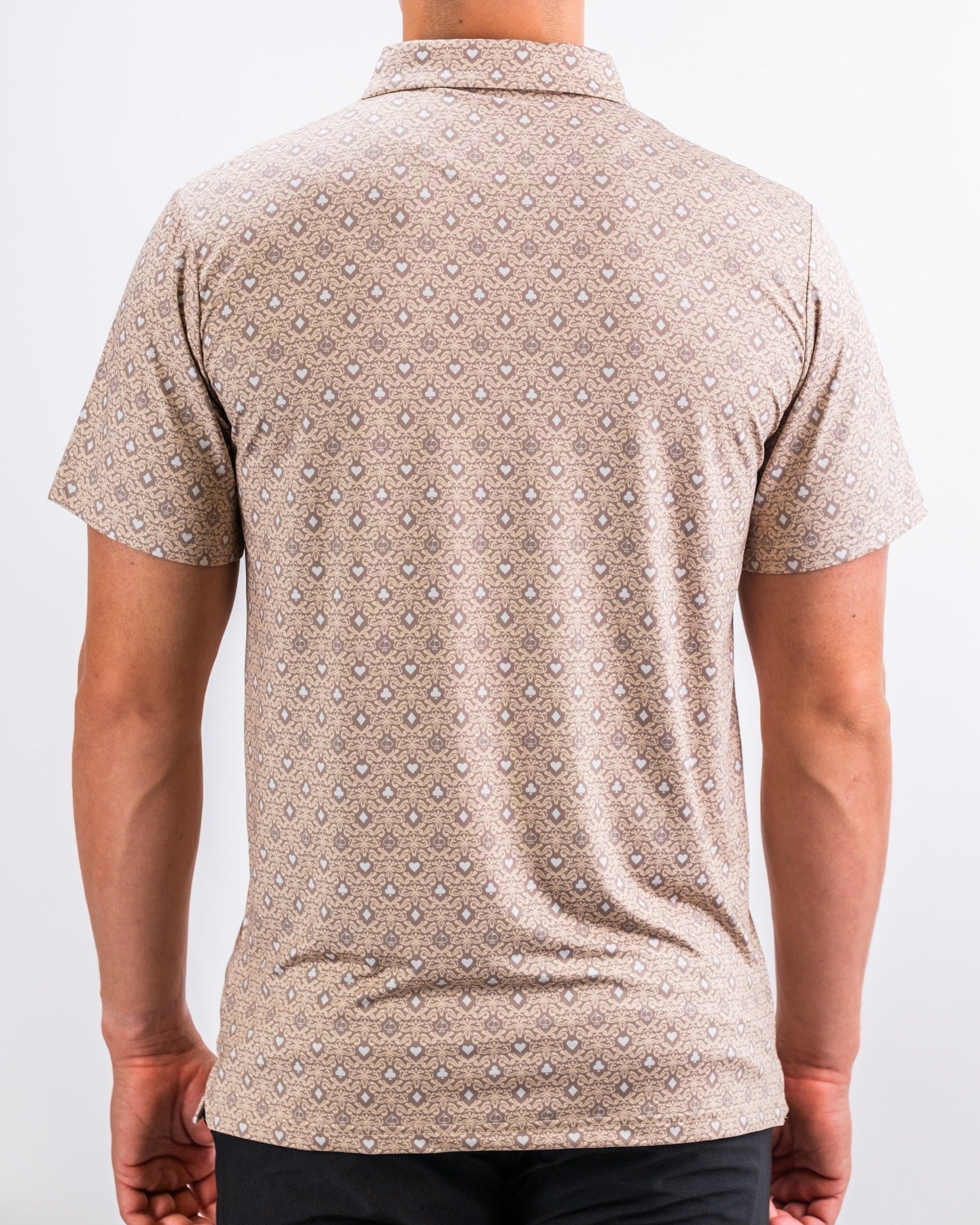 Men's short-sleeve polo shirt in a beige pattern, designed for comfort and style on the golf course.