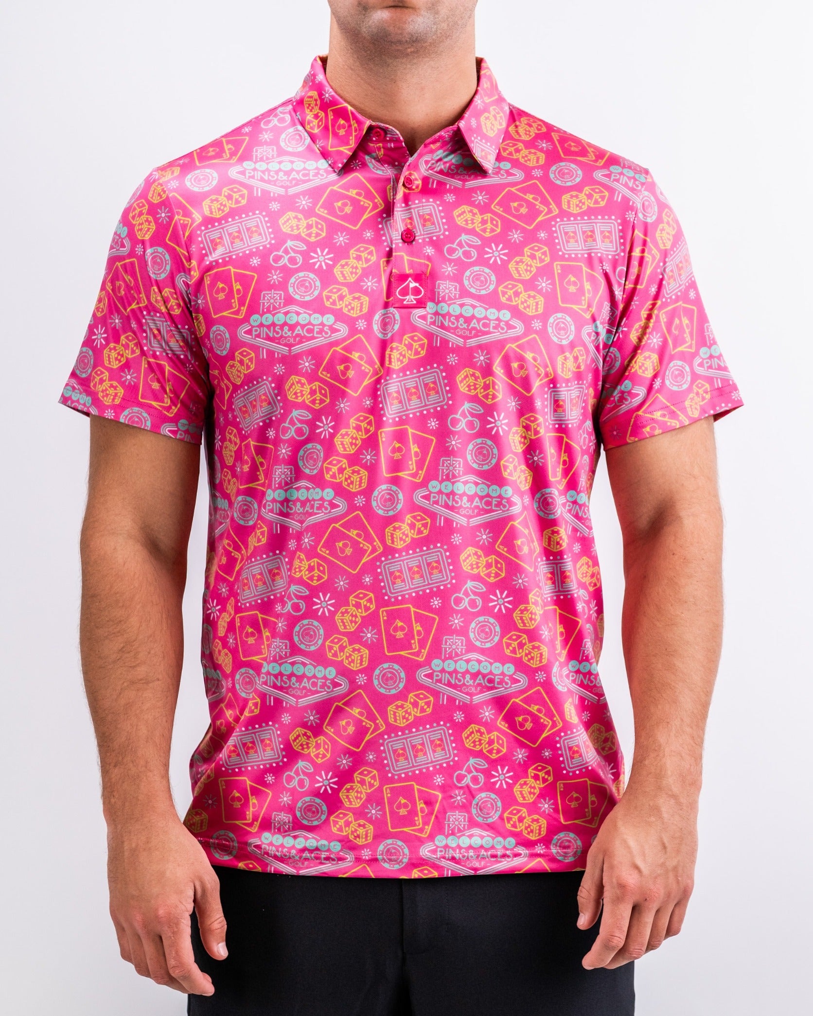 Bold fuchsia golf shirt featuring a playful pattern of colorful golf-themed icons, perfect for making a statement on the course.
