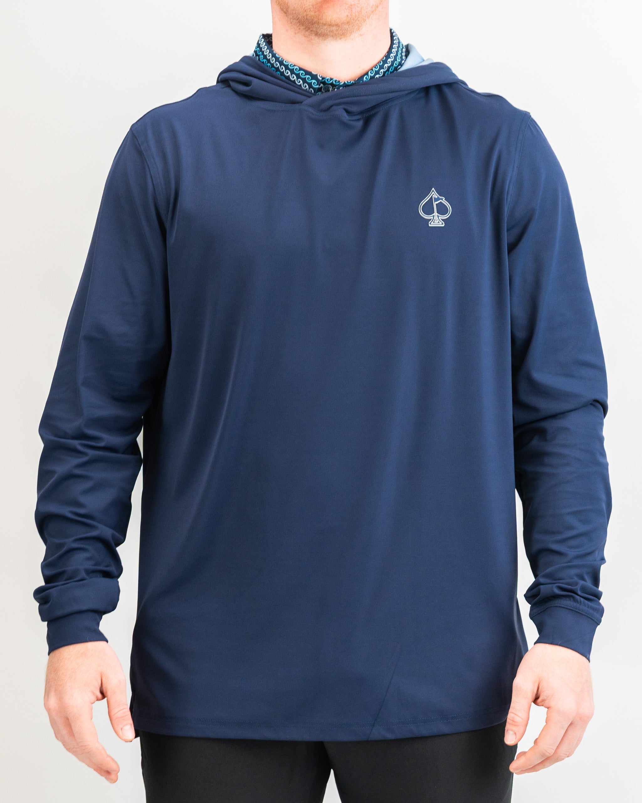 Navy performance golf hoodie featuring a lightweight design and a logo on the chest, ideal for stylish golfing.