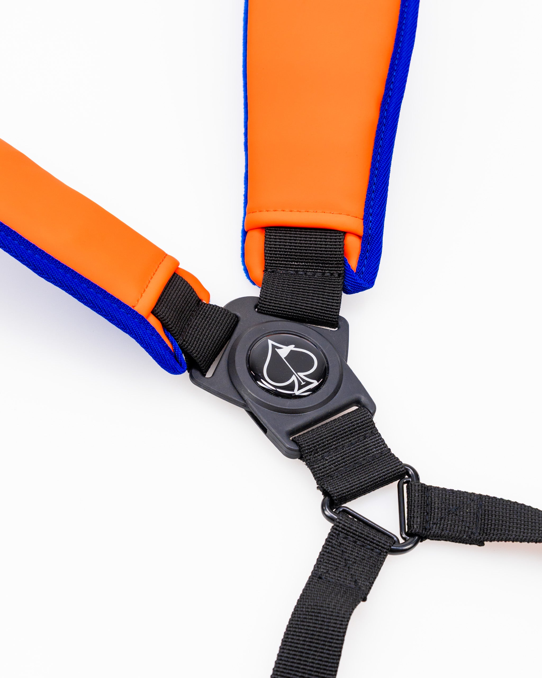Close-up of the adjustable straps on the Player Preferred Golf Bag in orange and blue, showcasing a secure buckle design.