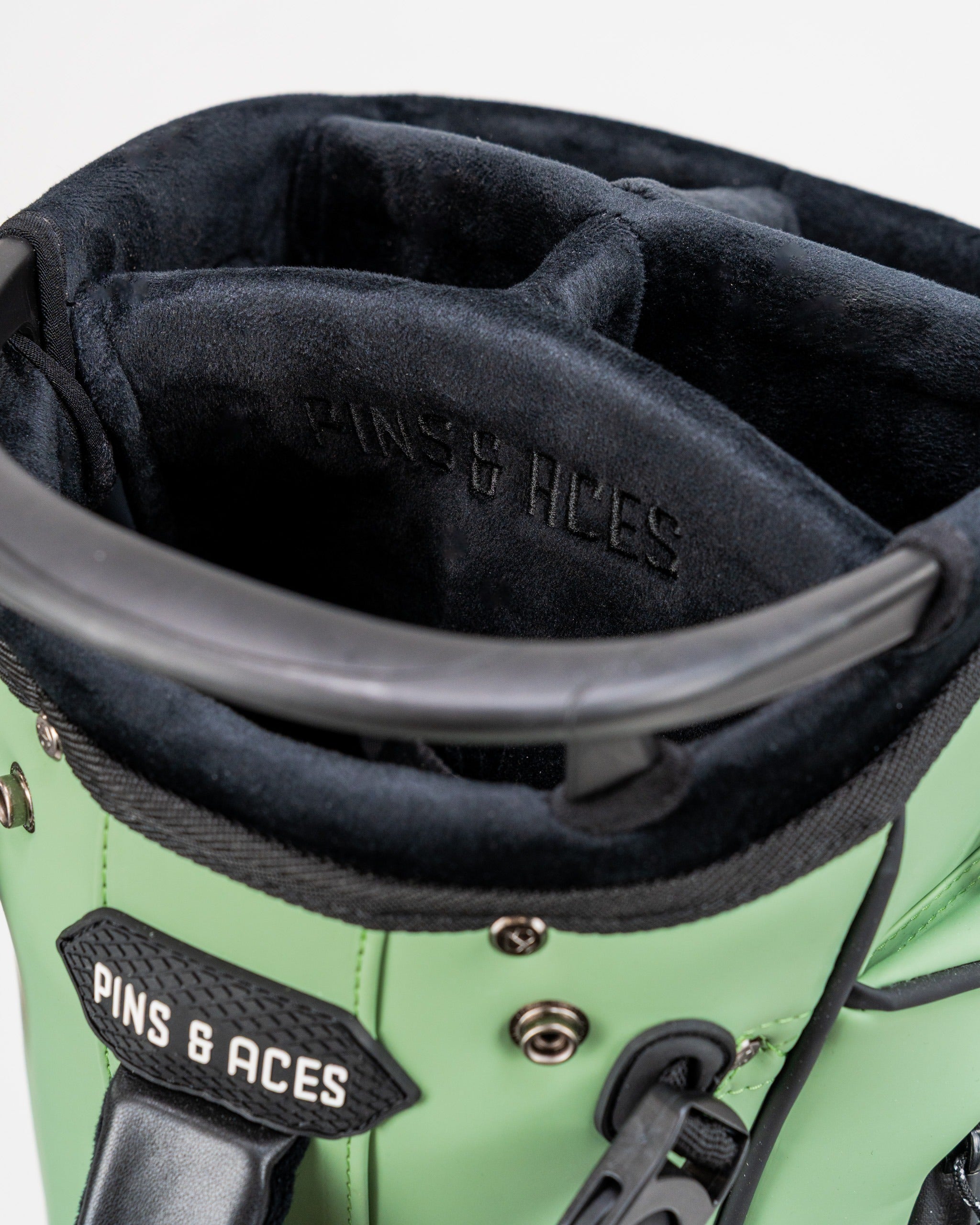 Interior view of the Player Preferred Golf Bag in Sage, showcasing the plush lining and organized compartments for clubs.