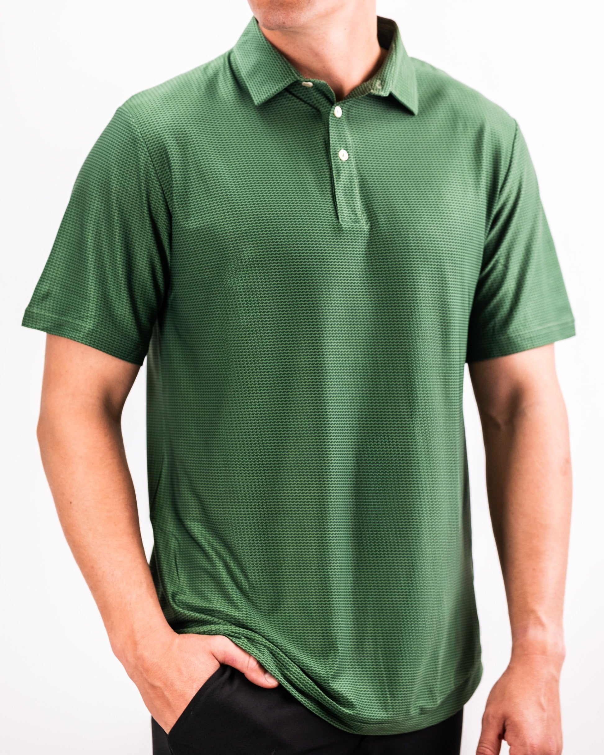 Men's Player Preferred Polo in Forest Wave, featuring a textured green fabric and a classic collar for stylish golf wear.