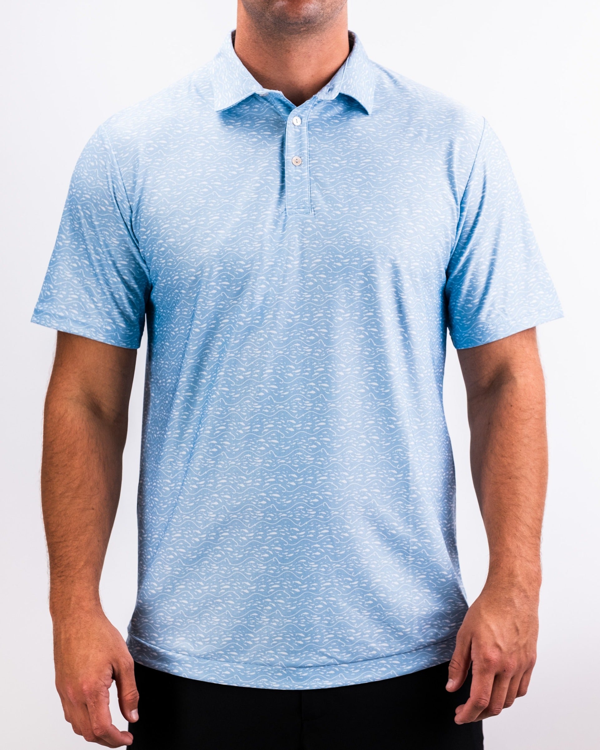 Light blue polo shirt with a subtle wave pattern, designed for comfort and style on the golf course.