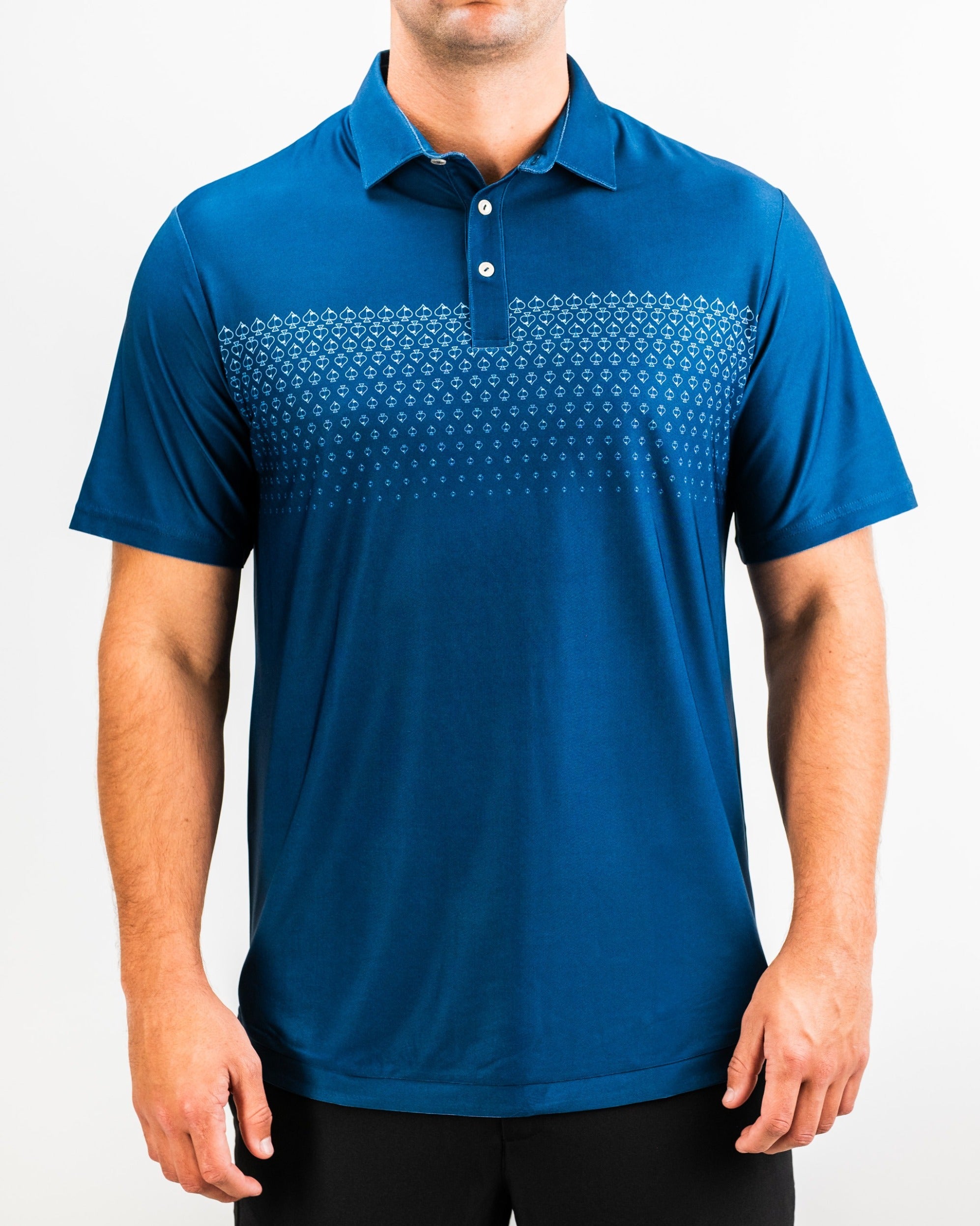 Navy Player Preferred Polo featuring a spade fade design, ideal for golfers seeking stylish performance on the course.