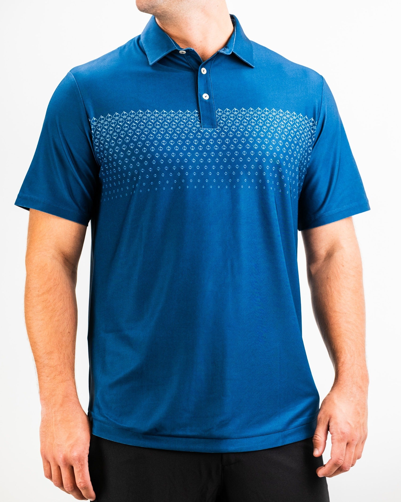 Navy Player Preferred Polo featuring a spade fade design, ideal for golfers seeking stylish performance on the course.