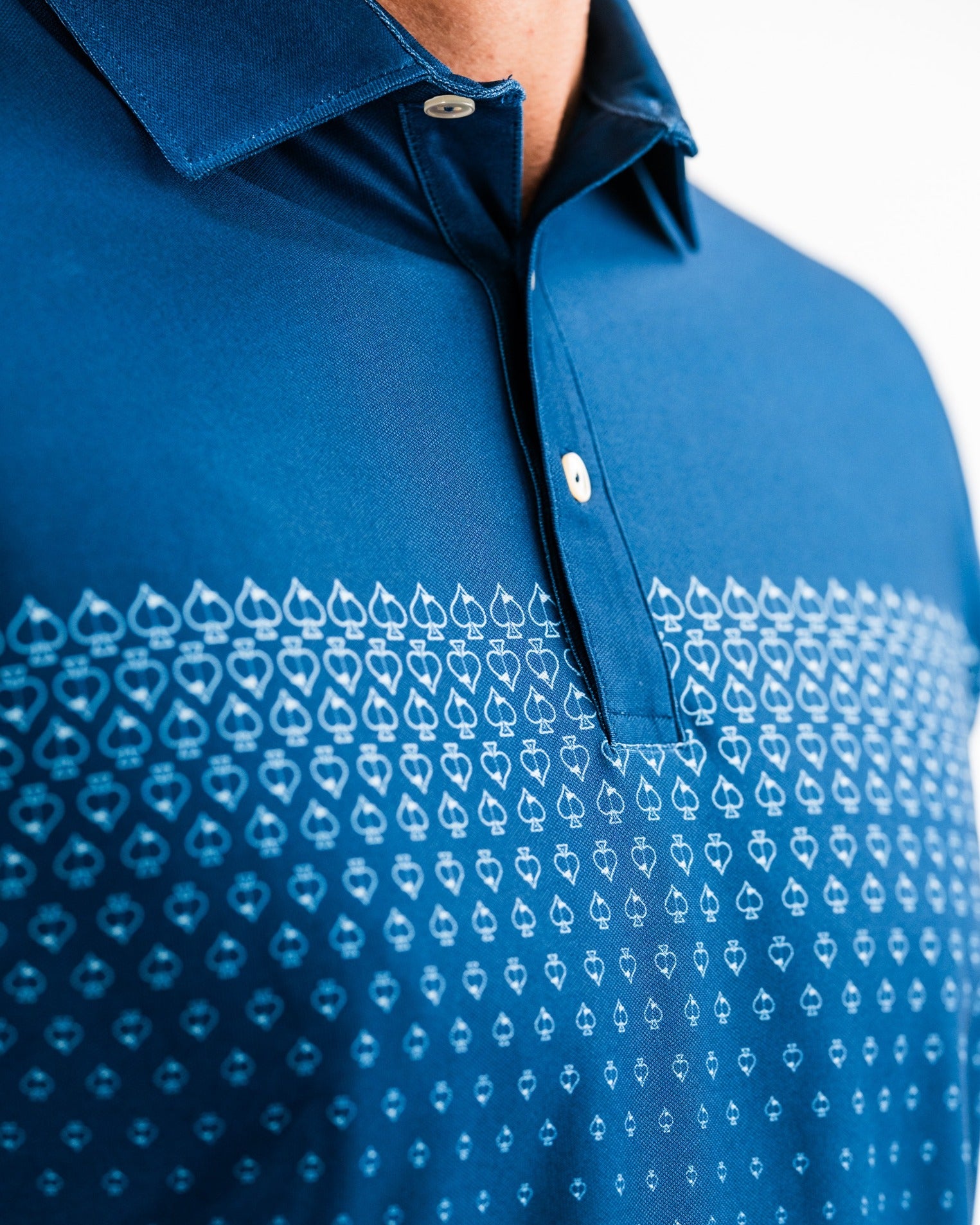 Navy Player Preferred Polo featuring a spade fade design, ideal for golfers seeking stylish performance on the course.