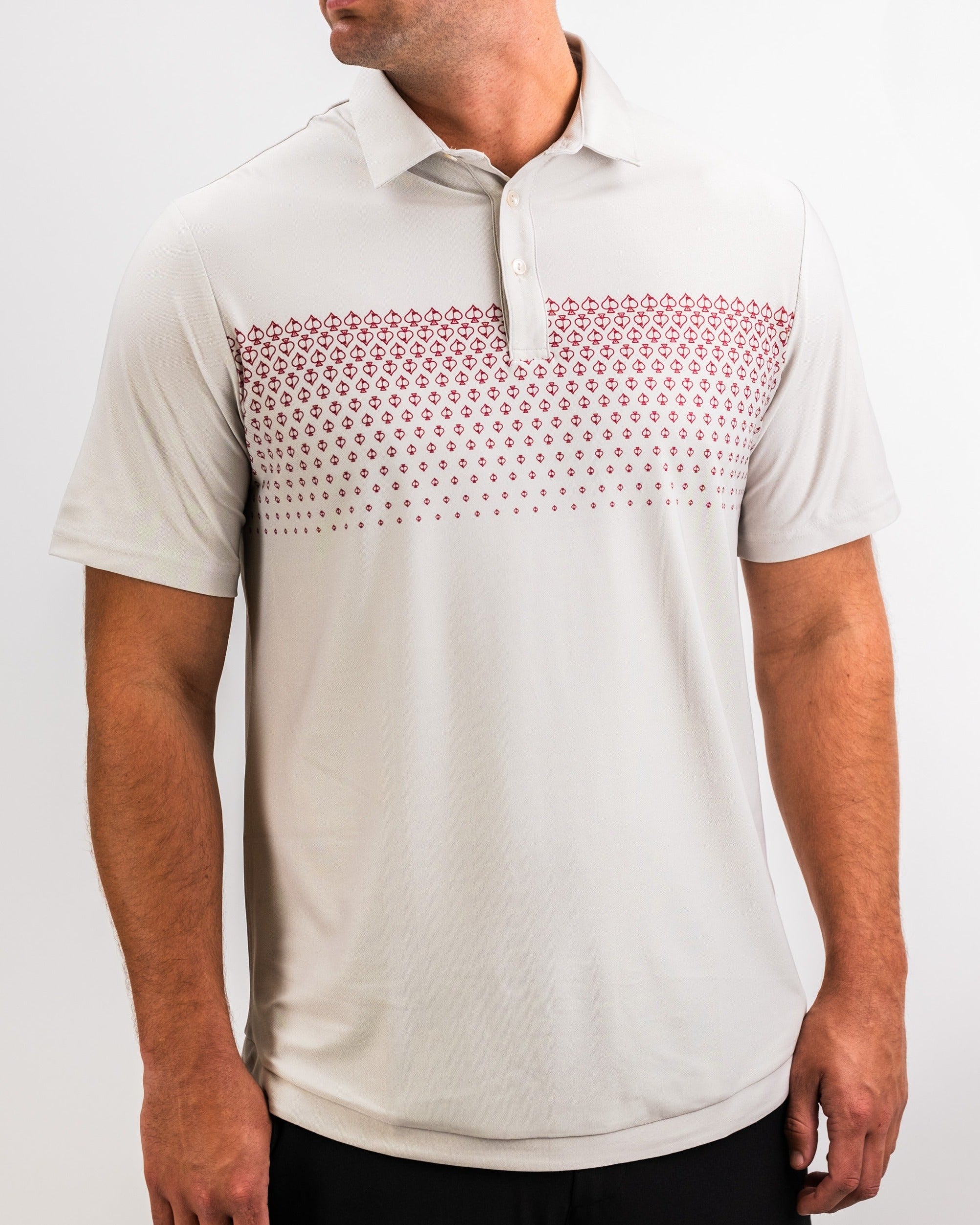 Men's Player Preferred Polo in Spade Fade Light features a stylish pattern in red on a light gray background, perfect for golf.
