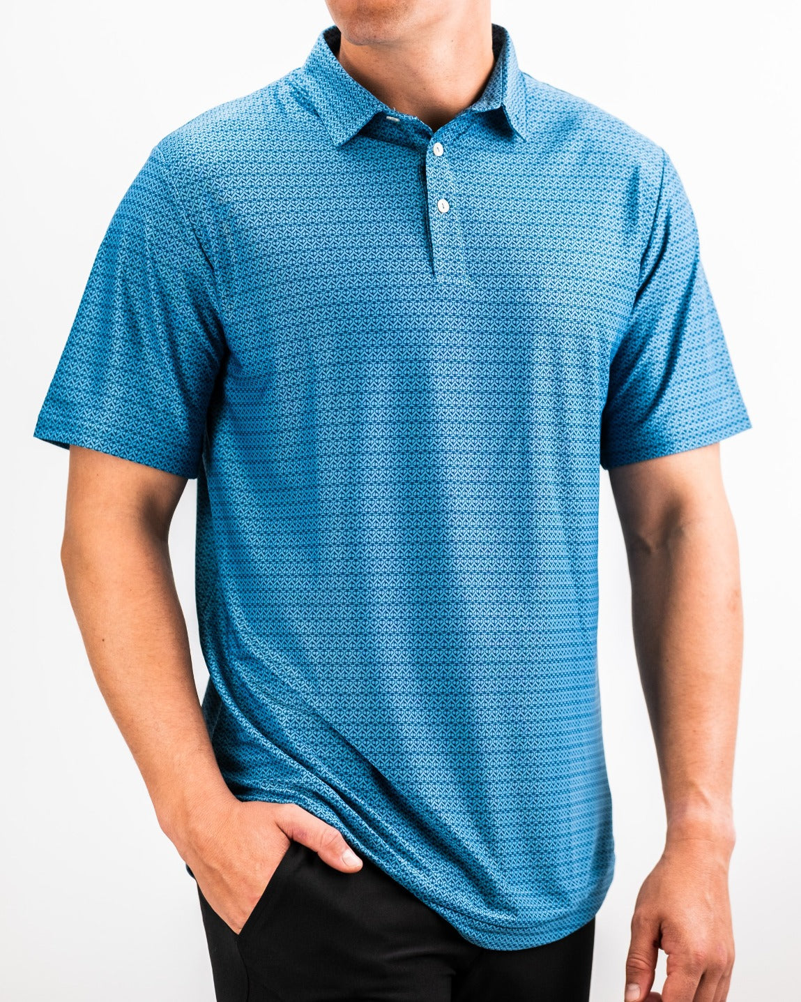 Men's Player Preferred Polo in Ocean Spade, featuring a vibrant blue pattern and a classic collar for stylish golf wear.