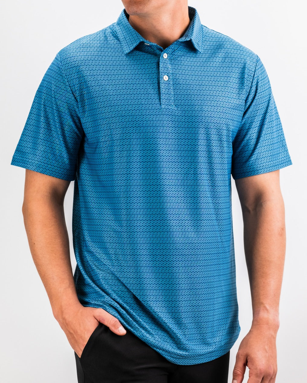 Men's Player Preferred Polo in Ocean Spade features a vibrant blue pattern, perfect for stylish golf outings.