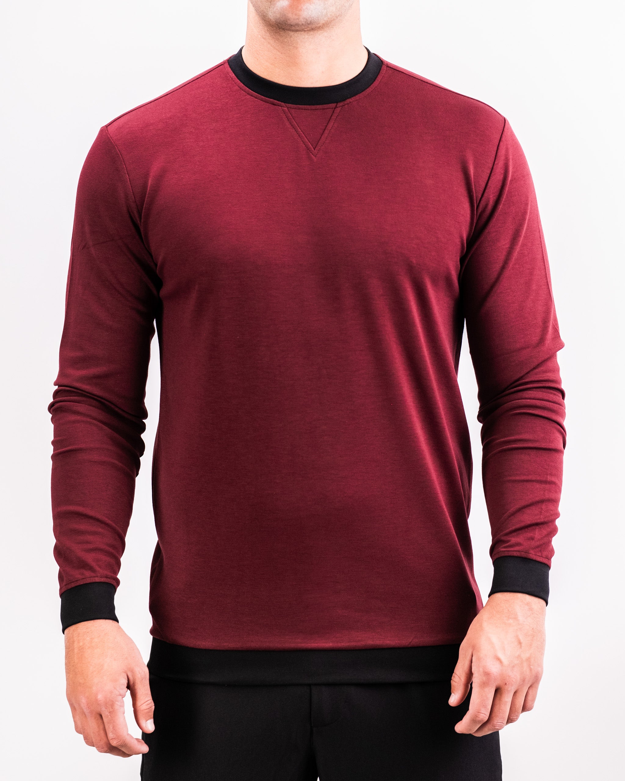 Men's Player Preferred Crewneck in Merlot, featuring a classic design with black accents and a comfortable fit for golfers.