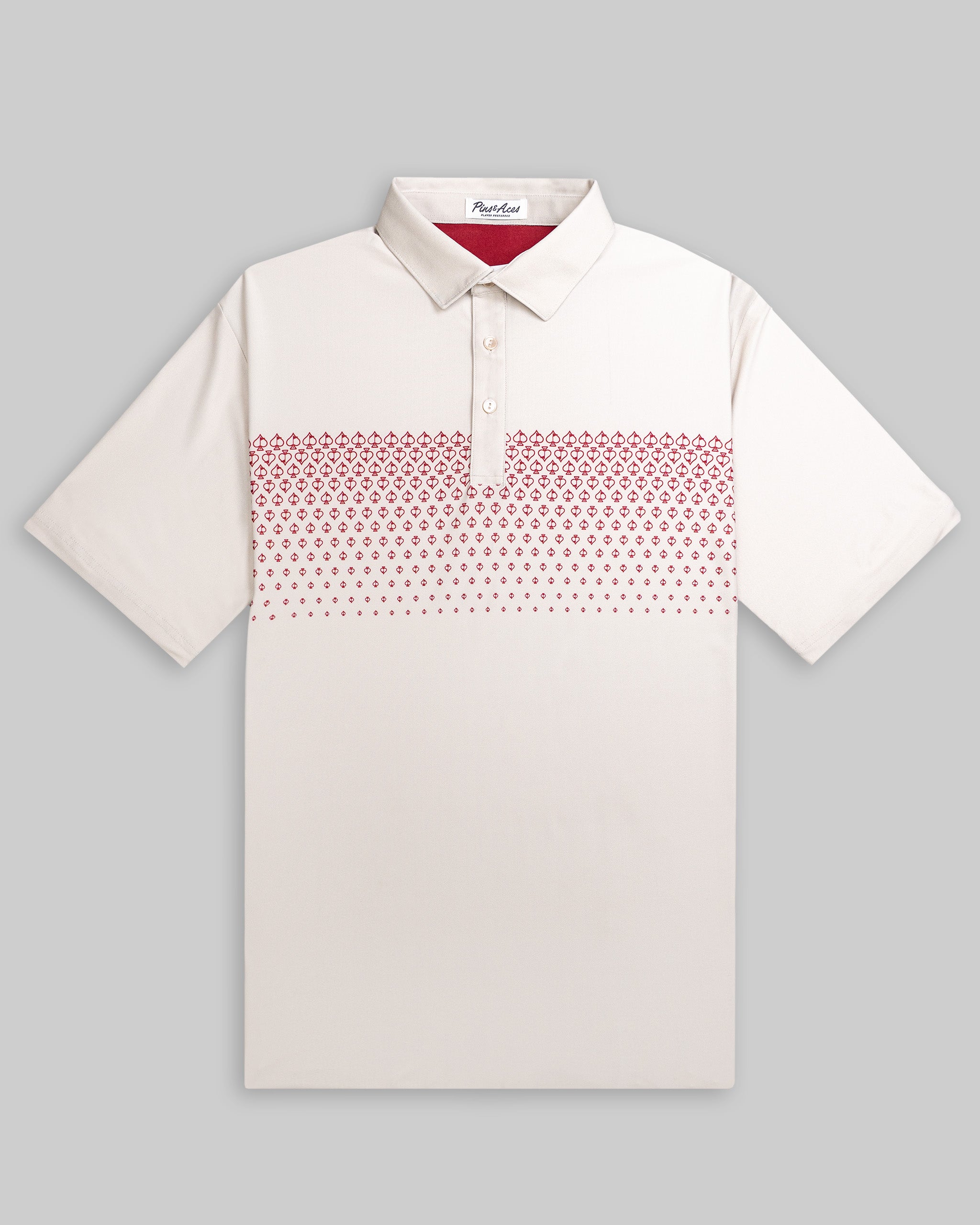 Light beige polo shirt featuring a spade fade design in red across the chest, perfect for stylish golfers.