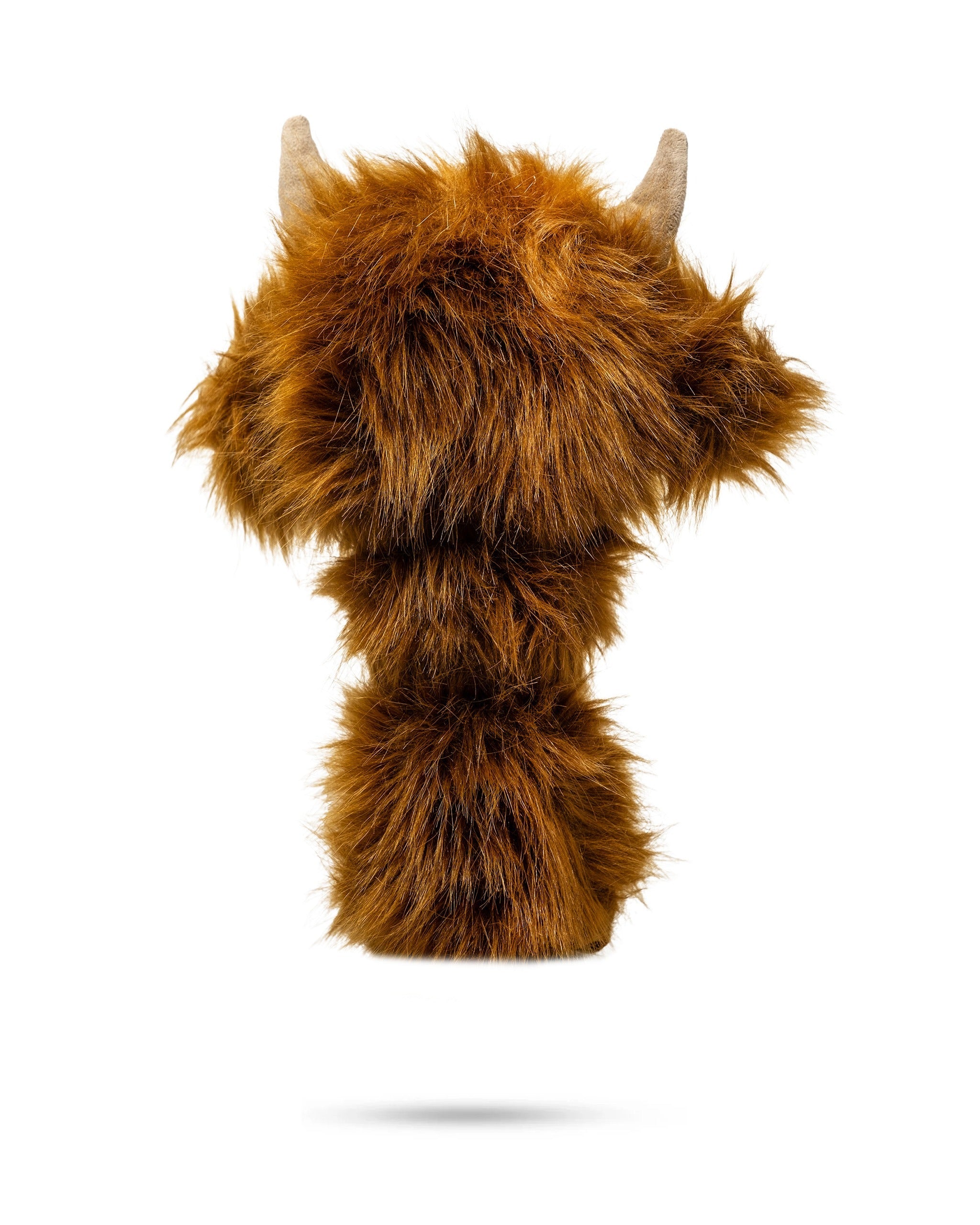 Highland cow fairway cover featuring soft, shaggy brown fur and small horns, designed to protect golf clubs in style.