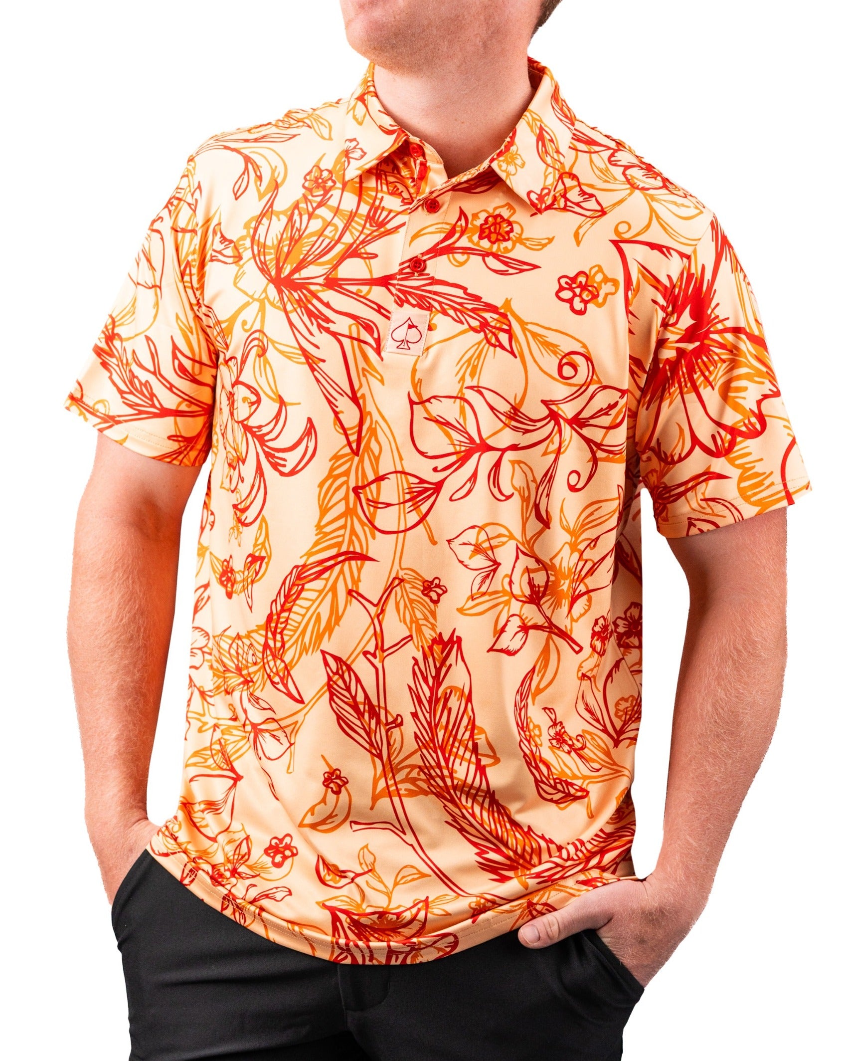 Bold floral-patterned short-sleeve golf shirt in vibrant orange and red tones, perfect for stylish golfers.