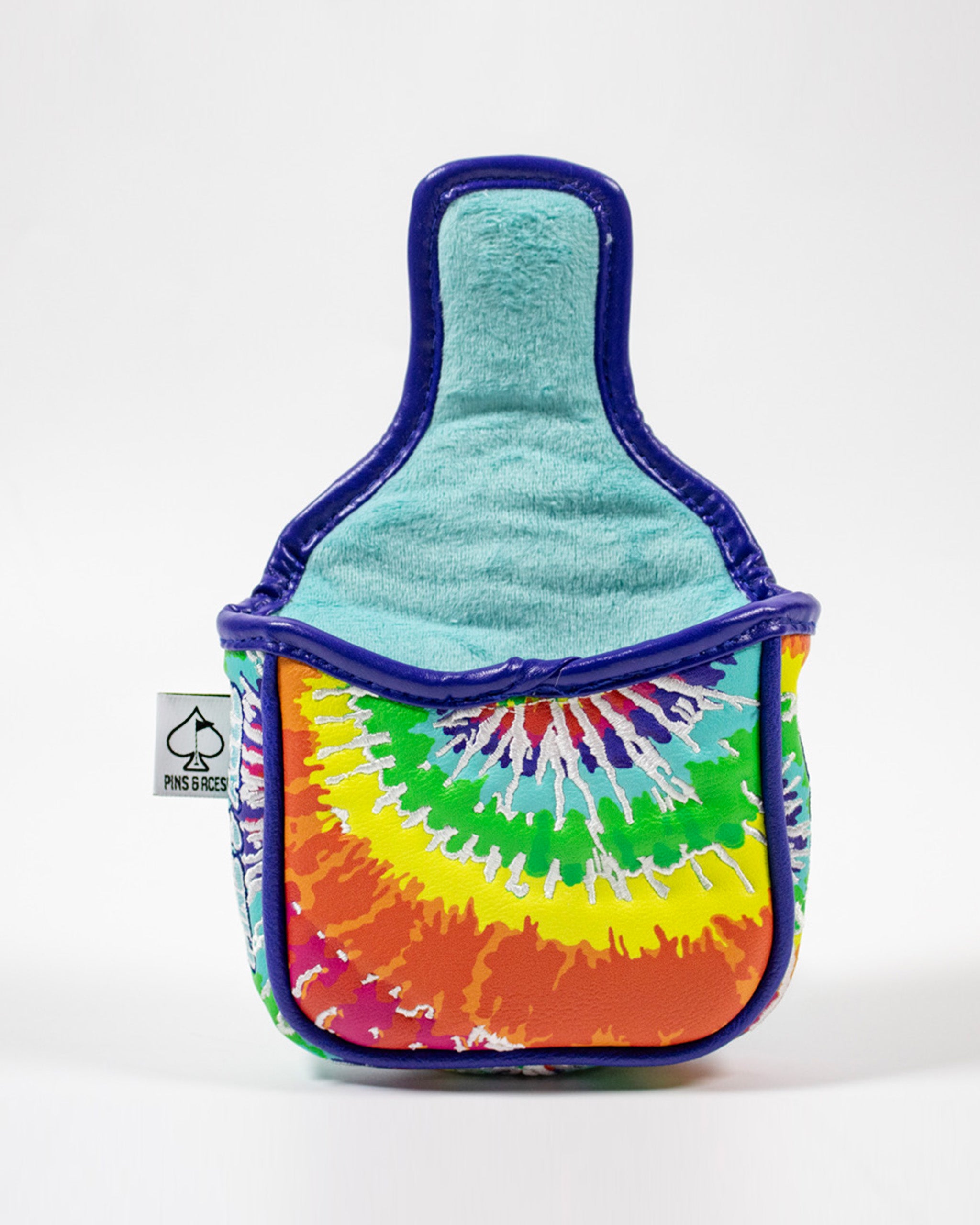 Colorful tie-dye mallet putter cover featuring a soft interior and durable exterior, designed for bold golfers.